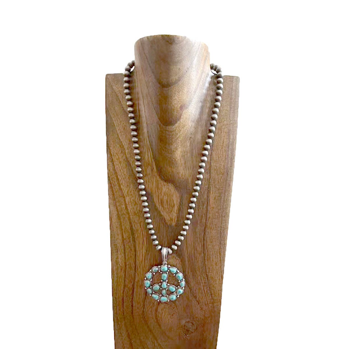 Navajo Style Pearl Bead Necklace With Blue Turquoise Peace Sign Pendant WildWestBoho