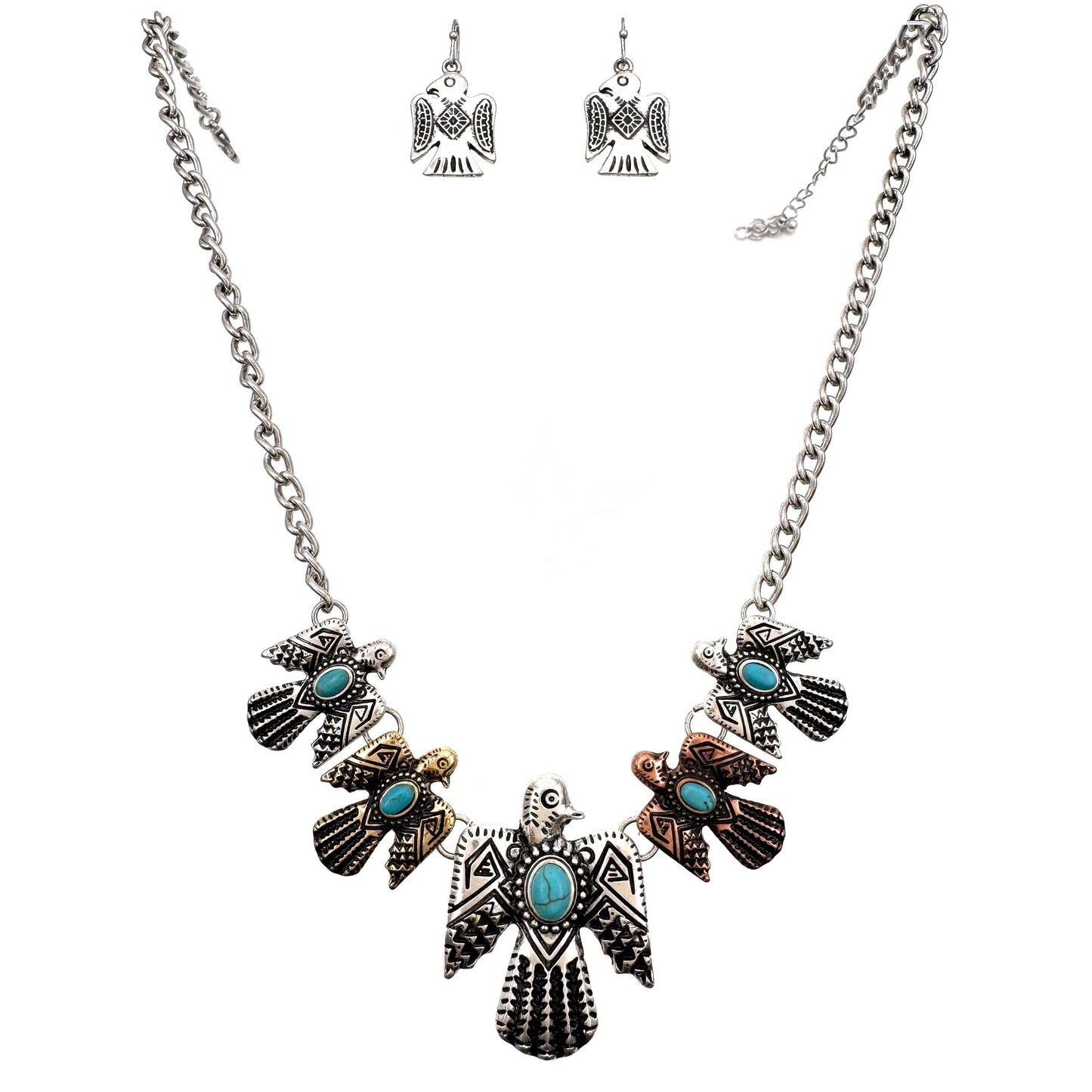 Navajo Thunderbird Necklace and Earrings Set, Tritone Metal Native Silver Elegant