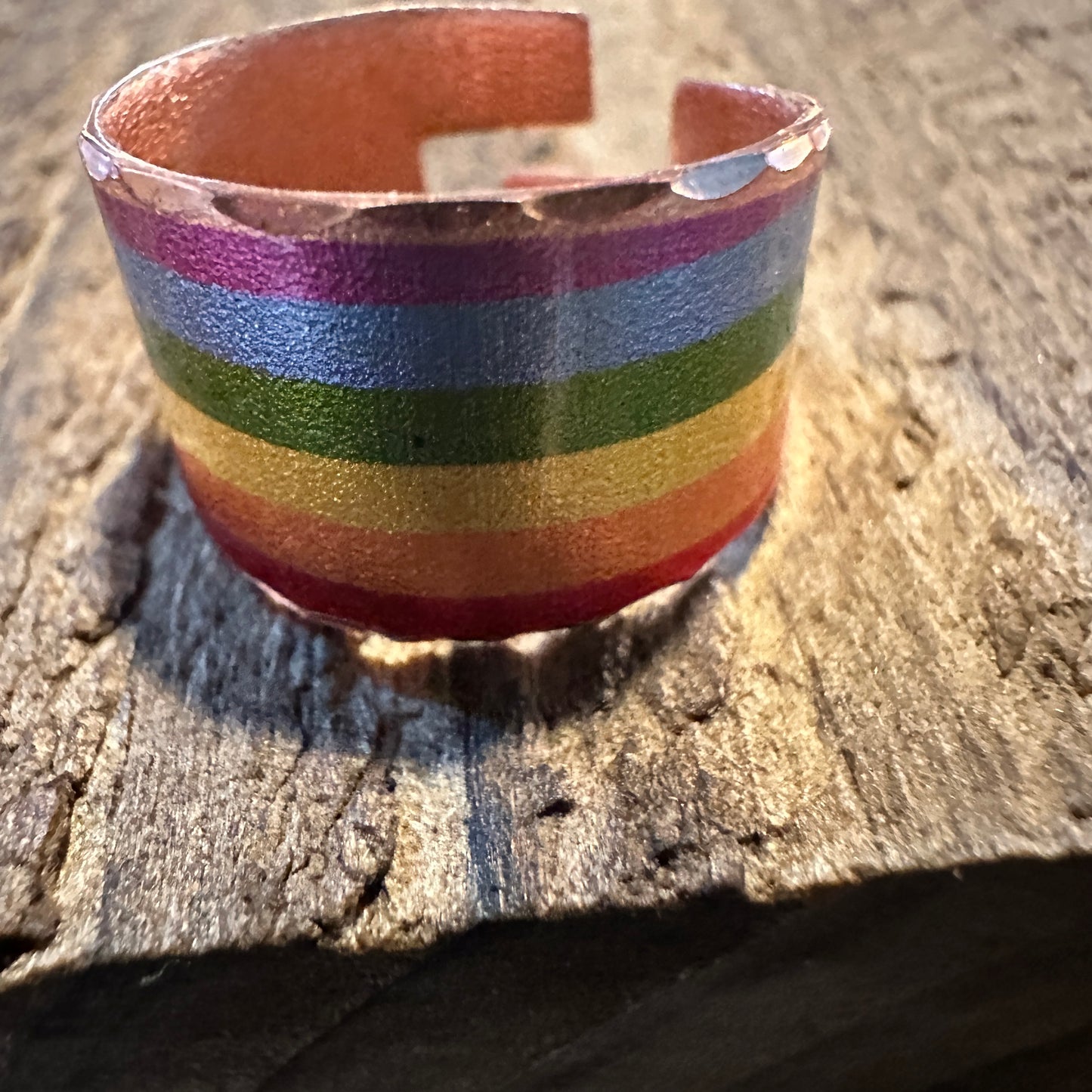 Handmade Boho Copper Narrow Cuff Bracelet, Diamond Cut Rainbow Pride Design, Gift Box - Silver Elegant