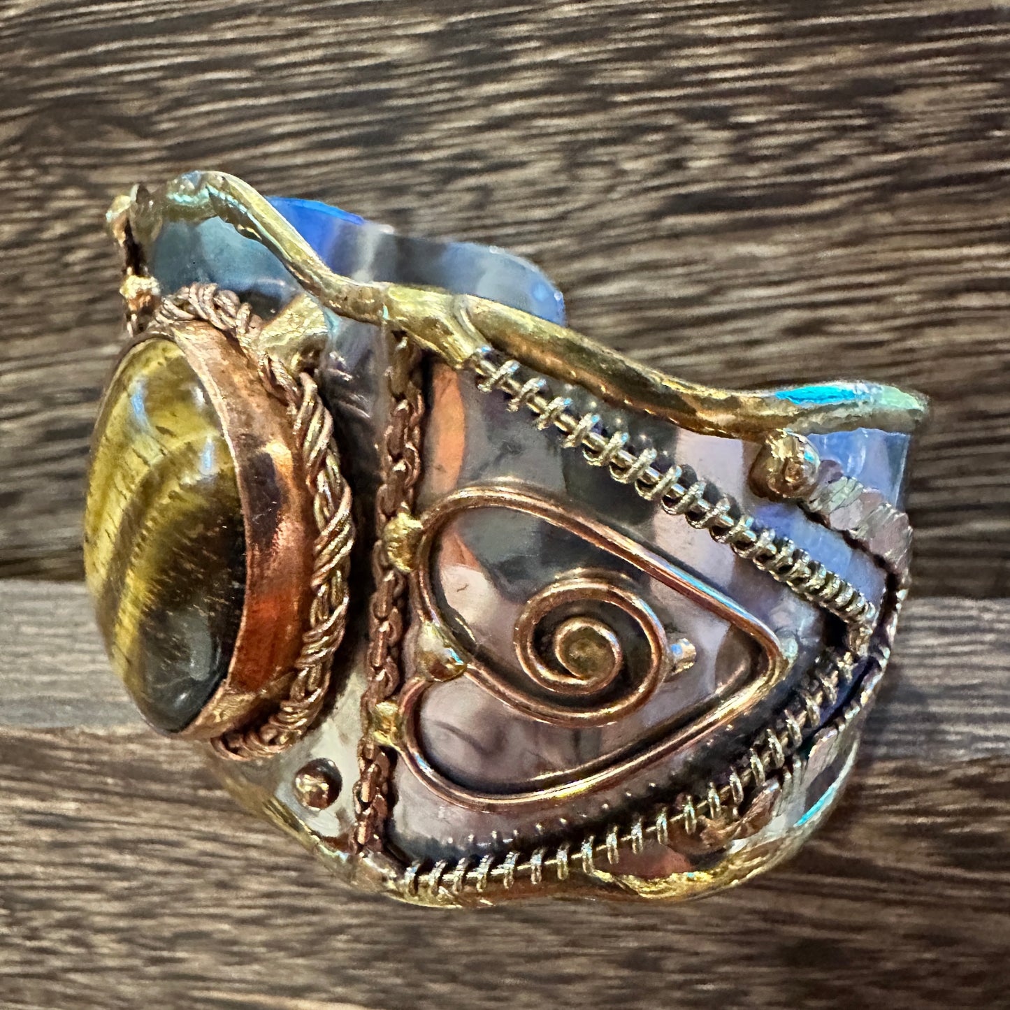 Bold Elegance: Adjustable Mixed Metals Cuff Bracelet with Handcrafted Tiger Eye Silver Elegant