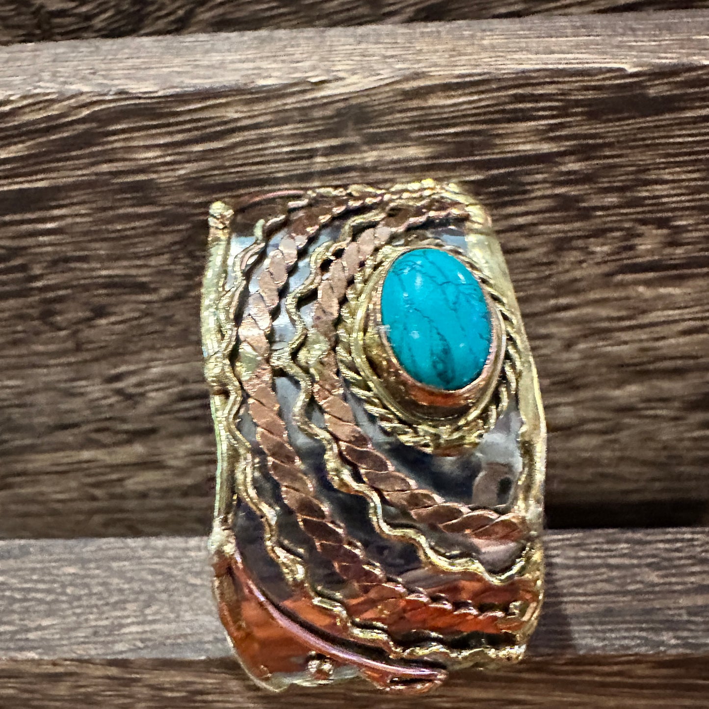 Turquoise Stone Cuff Bracelet - Handcrafted Adjustable Design in Mixed Metals, Gift Box Included Silver Elegant