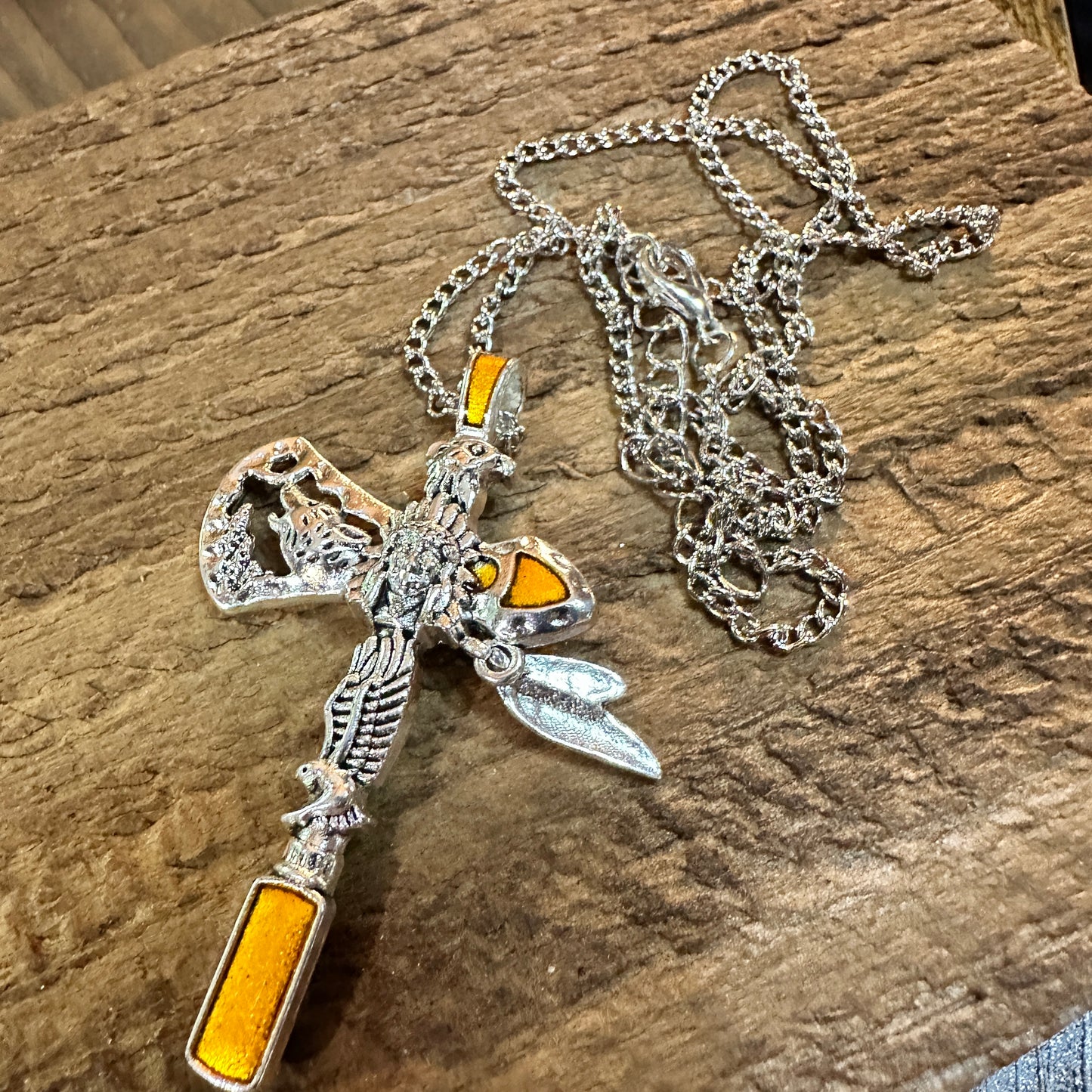 Navajo Style Indian Eagle Necklace With Mixed Metals On Adjustable 18 Inch Chain Silver Elegant