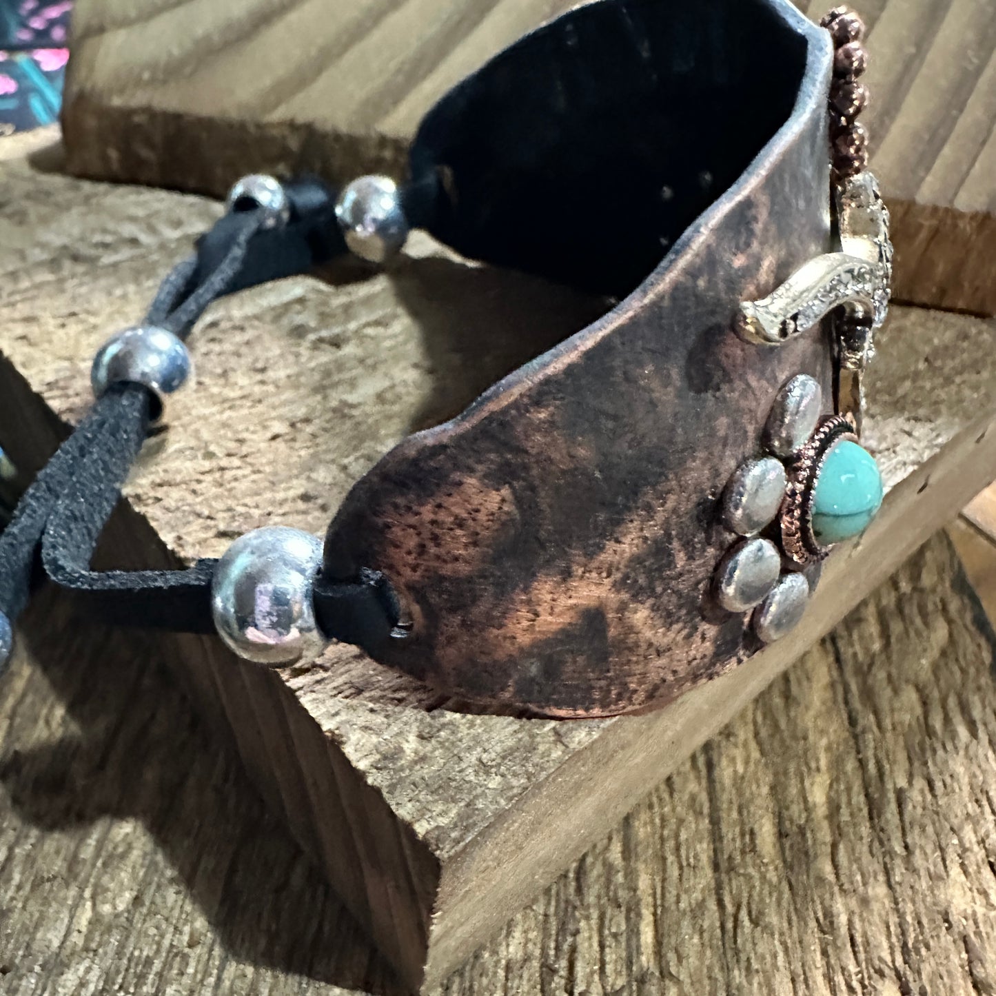 Longhorn Turquoise Western Cuff Bracelet with Adjustable Leather Straps Silver Elegant