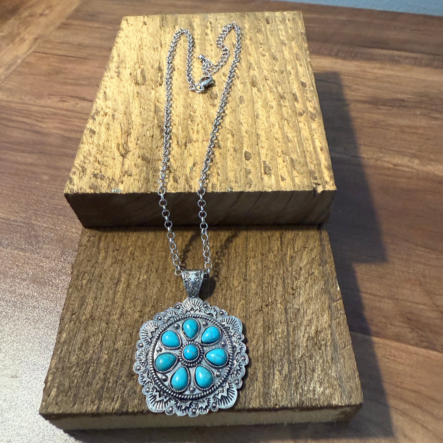 Western Style Turquoise Stone Concho Pendant Necklace with Brushed Silver Finish WildWestBoho
