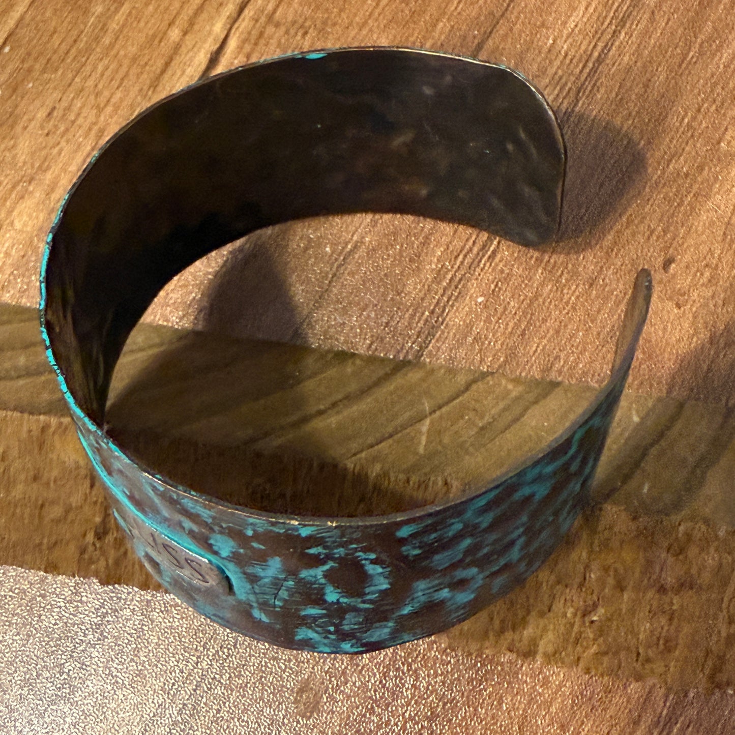 Message FOLLOW YOUR BLISS Metal Western Cuff Bracelet With Patina Rustic Inscriptions WildWestBoho