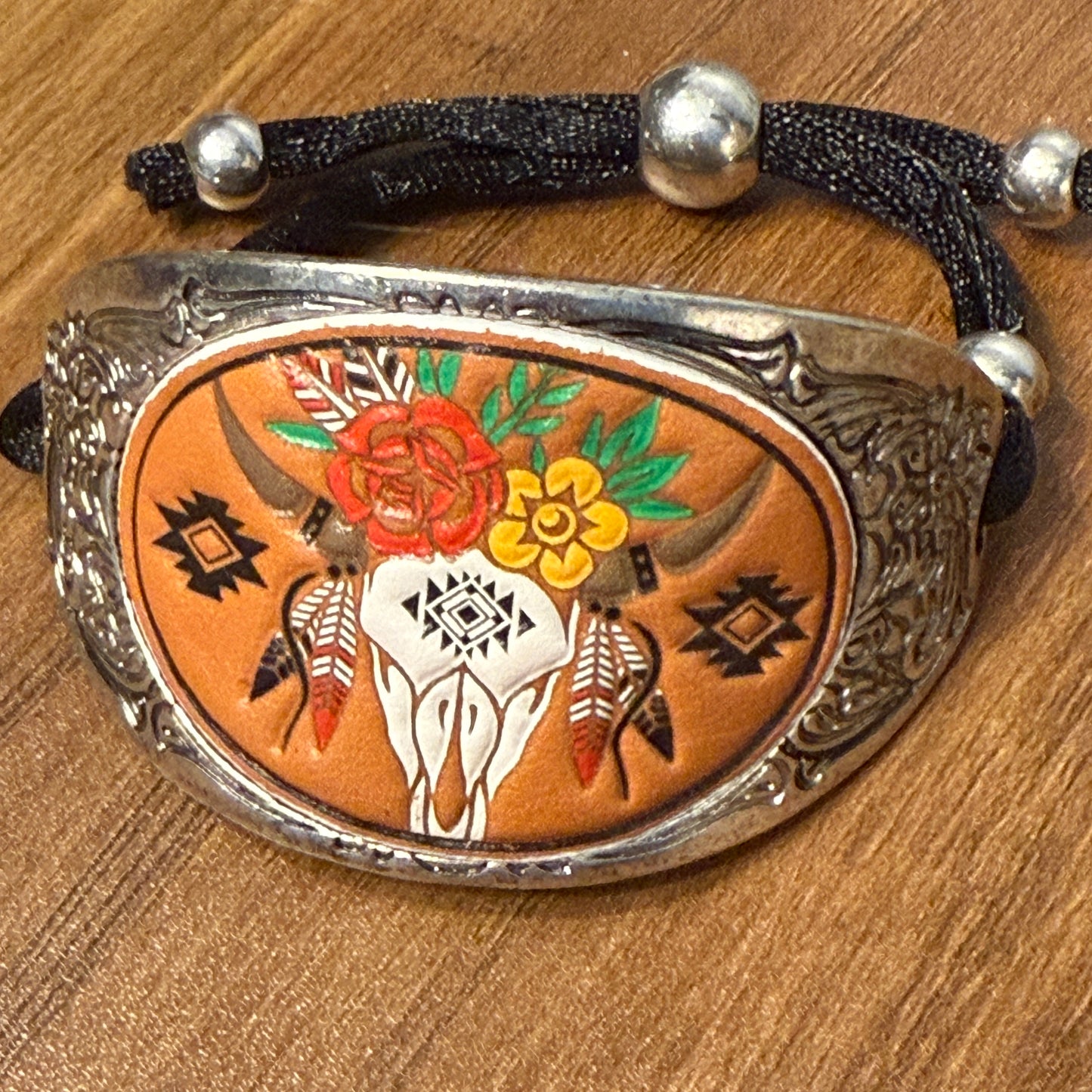 Western Longhorn Skull Leather Carved Cuff Bracelet for Cowboys and Cowgirls WildWestBoho