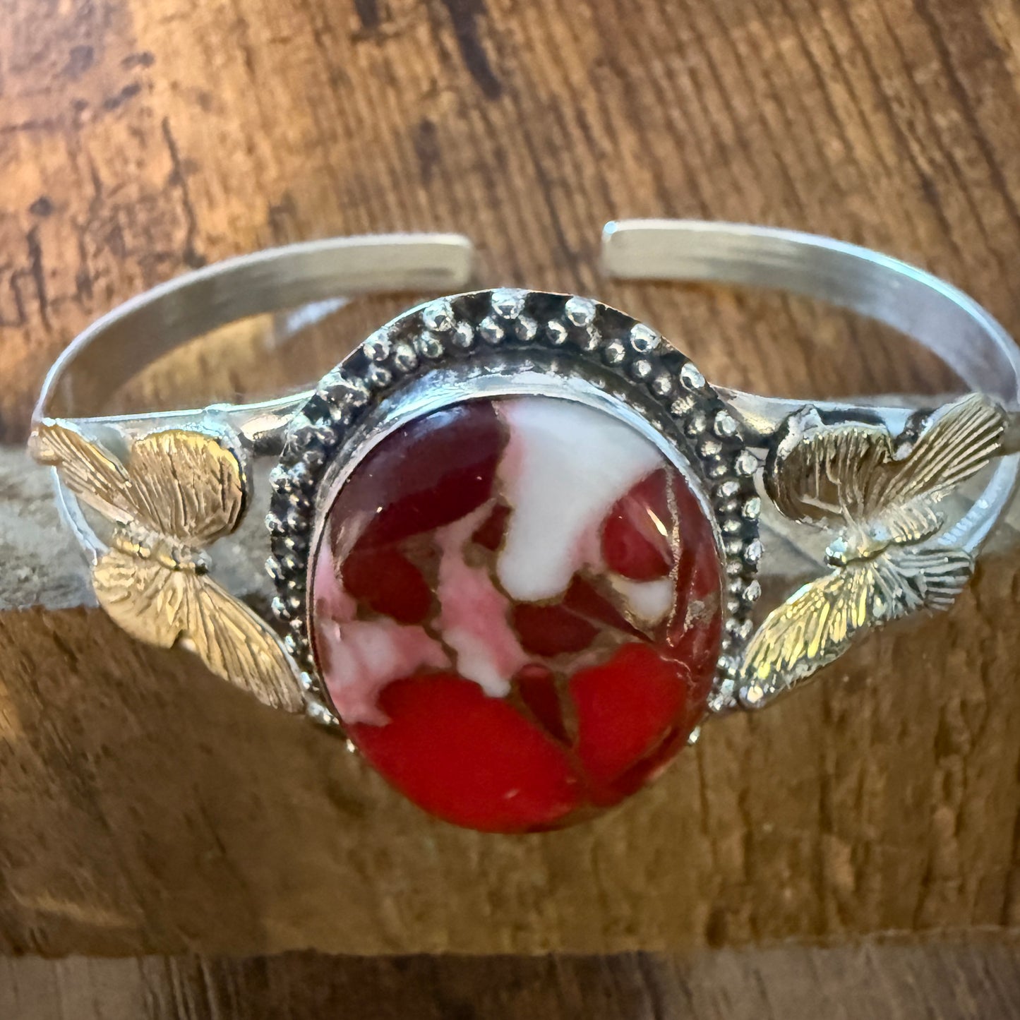 Pink Rose Dalhia Butterfly 925 Sterling Silver Adjustable Gemstone Bangle Silver Elegant