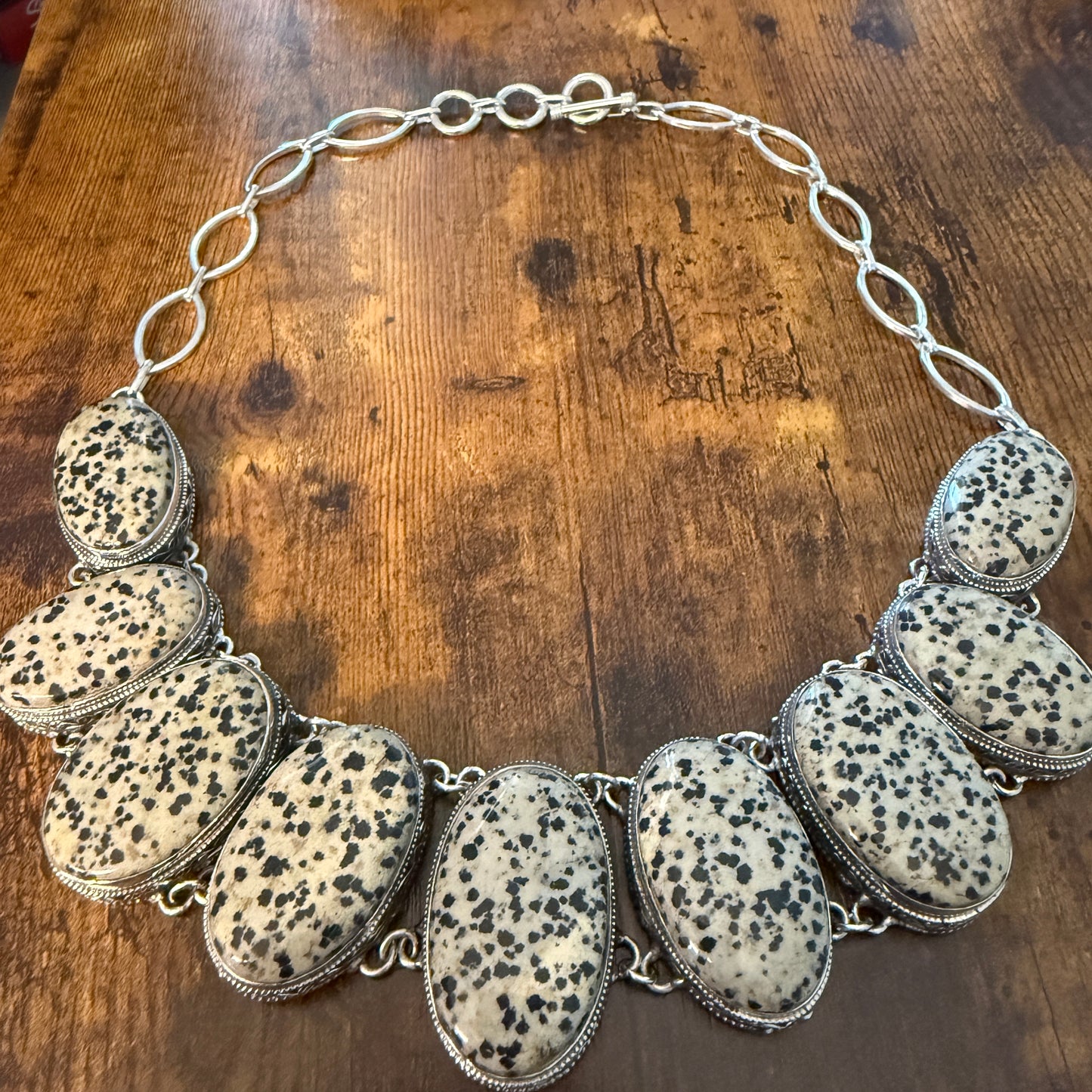 Natural Dalmatian Jasper Vintage Necklace 925 Sterling Silver Chain Silver Elegant