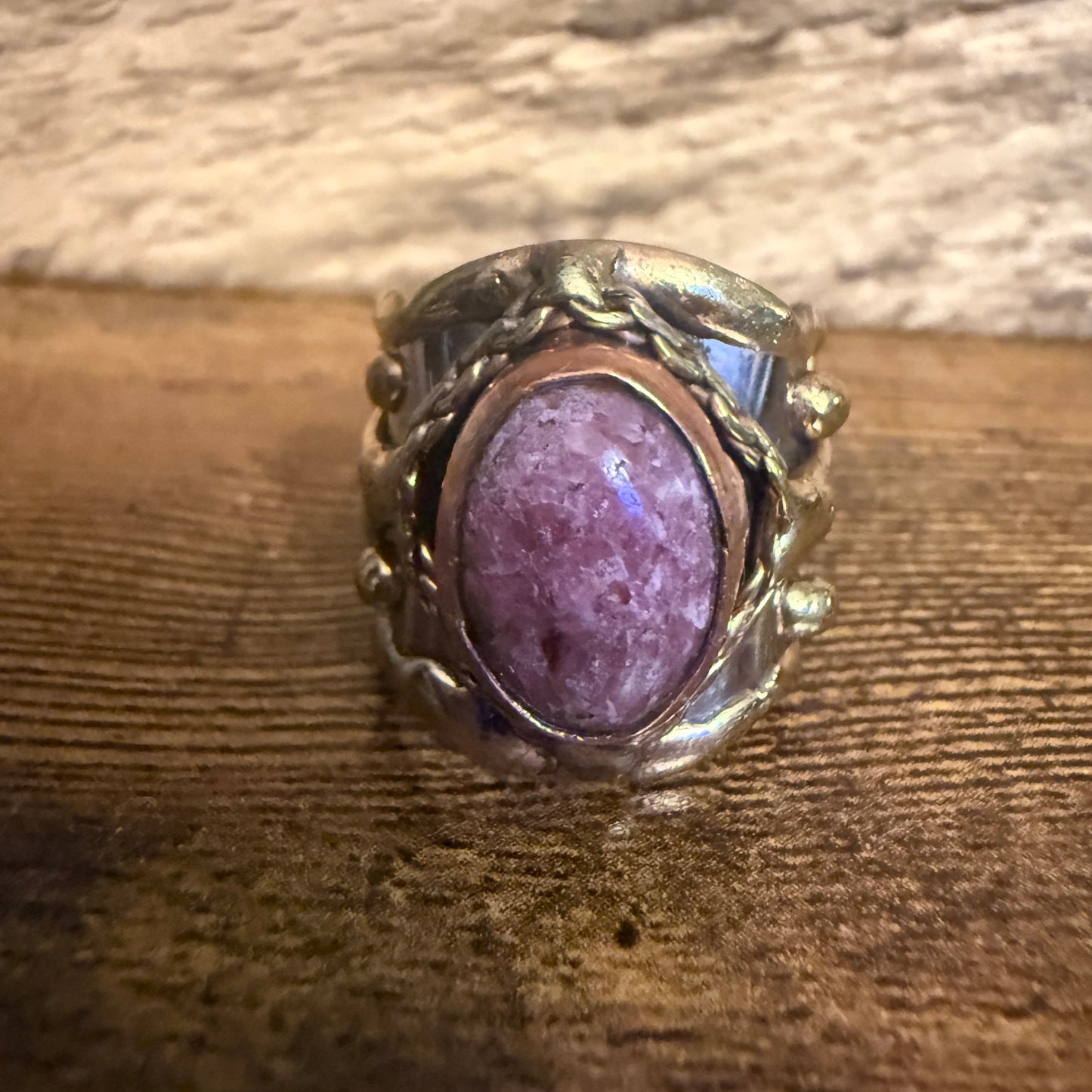 Handcrafted Pink Rose Quartz Ring With Adjustable Mixed Metals Silver Elegant