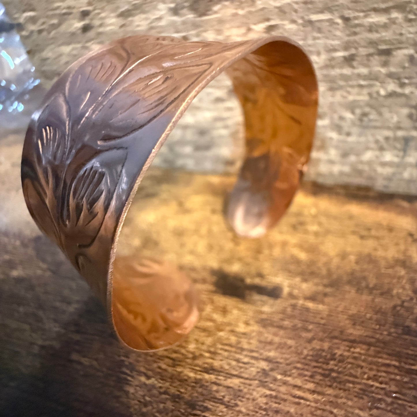 Handcrafted Copper Leaf Trail Cuff With Etched Leaf Design Anju Jewelry