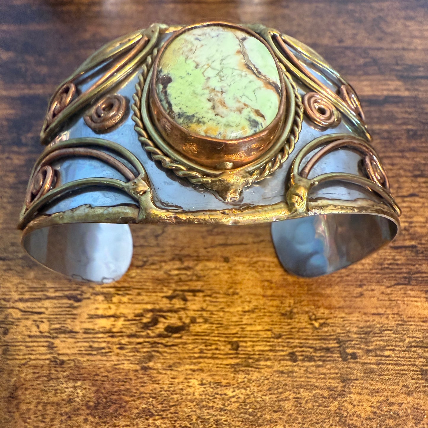 Lemon Chrysoprase Natural Stone Wide Cuff Bracelet In Mixed Metals Silver Elegant