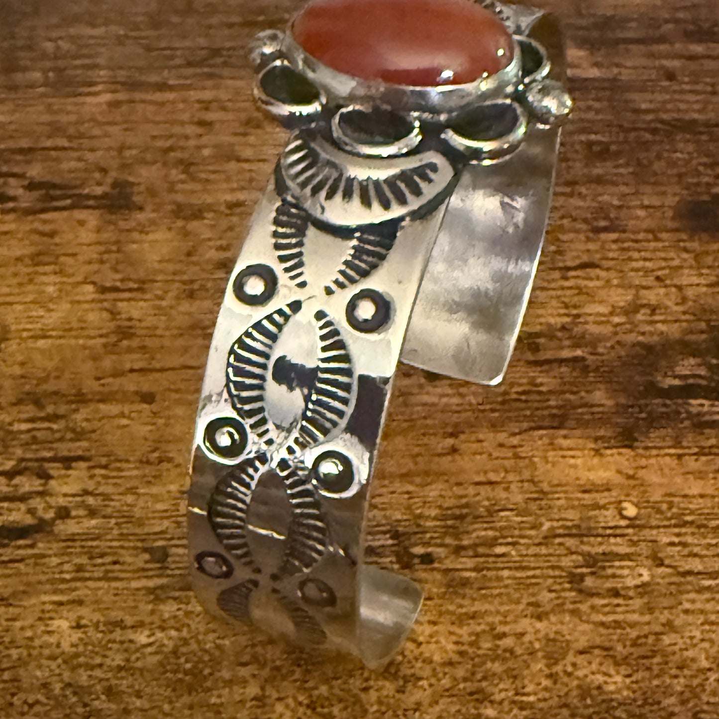 Navajo Style Apple Coral Cuff Bracelet Signed Cleveland Nickel Silver Adjustable Silver Elegant