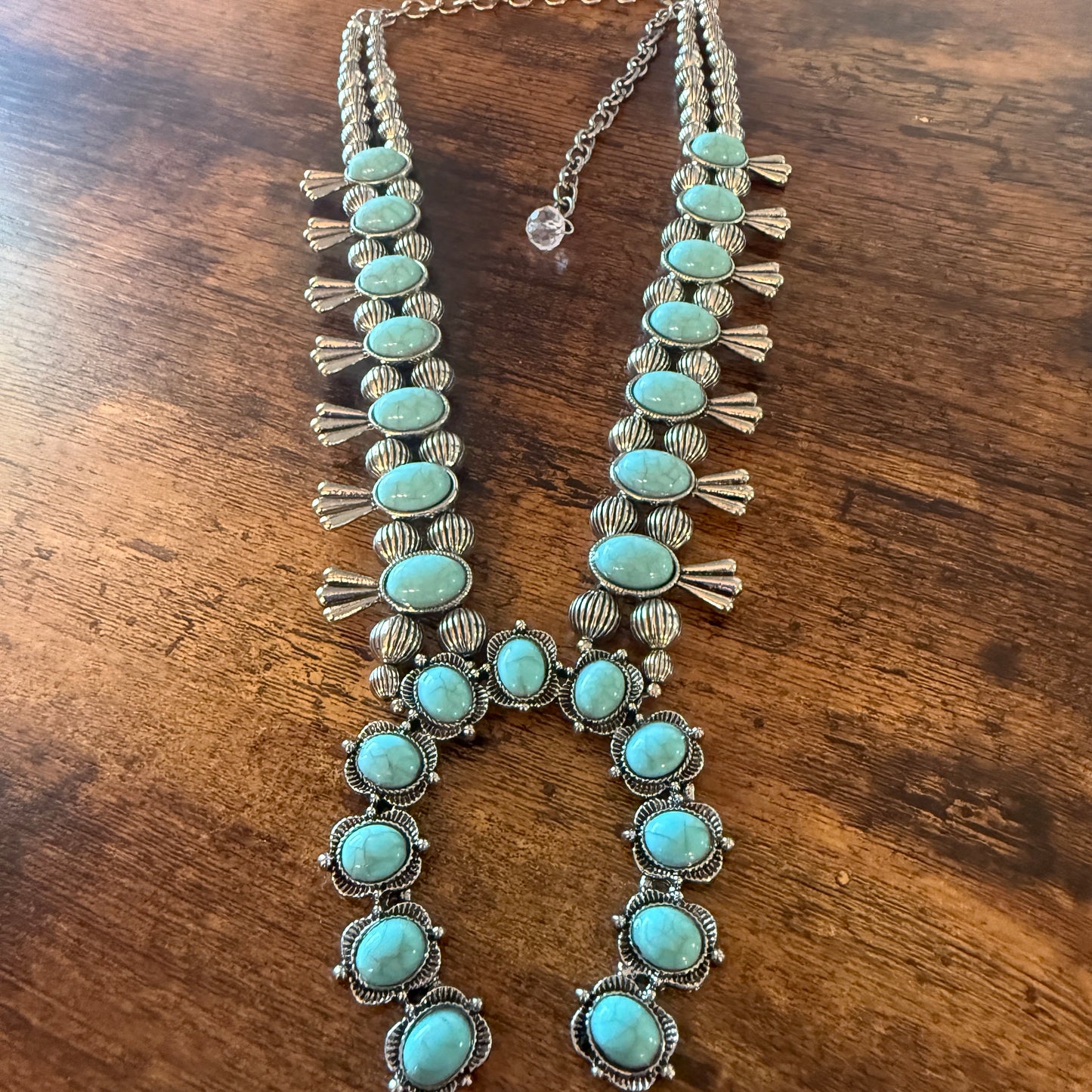 Blue Turquoise Stone Squash Blossom Necklace, Faux Silver Pearl Beads Wild West Boho