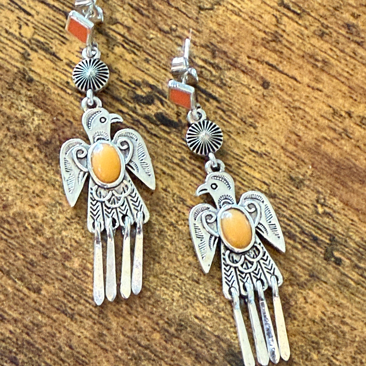 Navajo Style Thunderbird Post Drop Earrings With Faux Coral Gemstones In Mixed Metals Silver Elegant