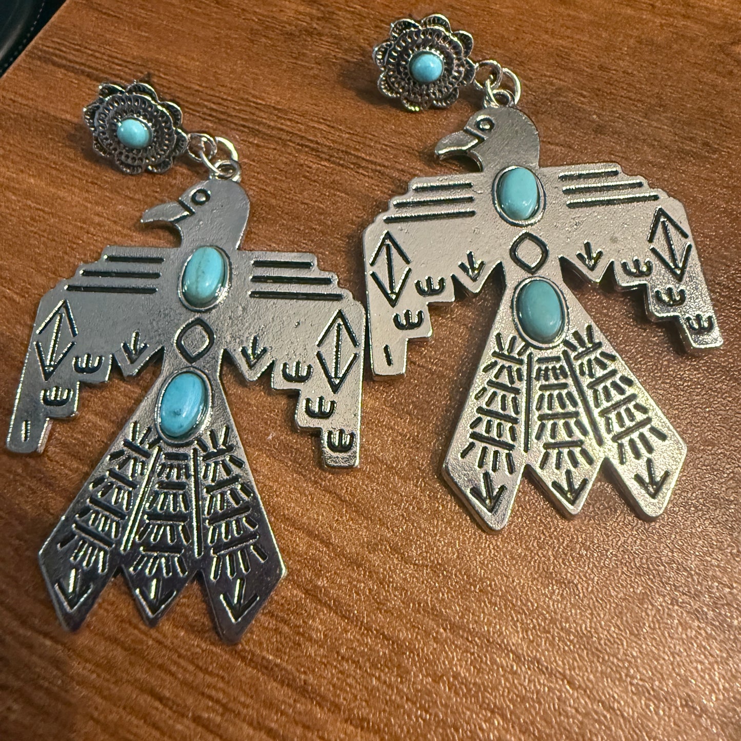 Navajo Style Thunderbird Turquoise Dangle Post Earrings, Mixed Metals Silver Elegant