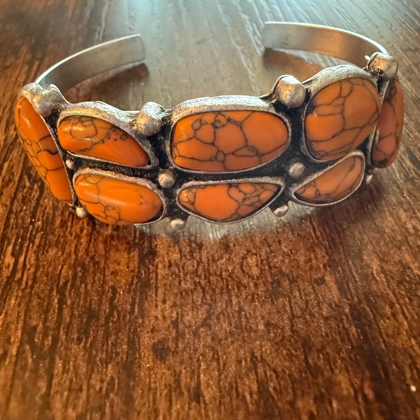 Western Cowgirl Faux Coral Gemstone Cuff Bangle, Mixed Metals WildWestBoho