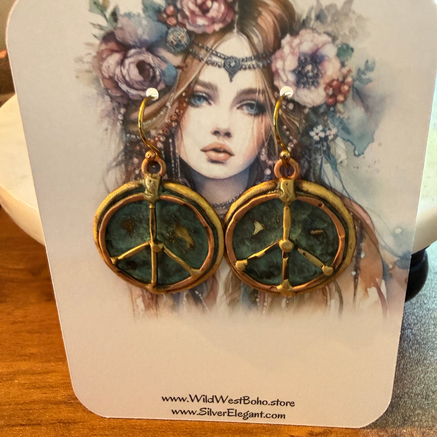 Handcrafted Verdigris Peace Sign Brass Patina Dangle Earrings Silver Elegant