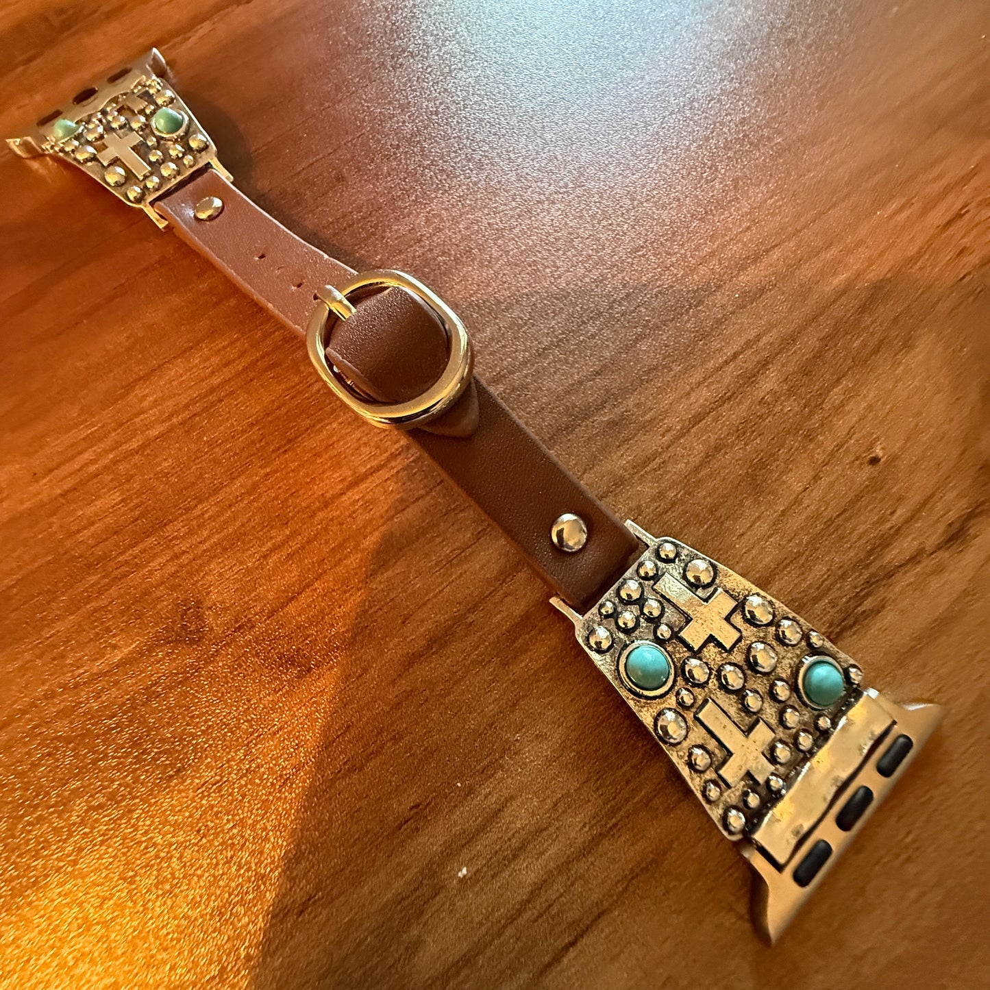 Handcrafted Cowgirl Apple Watch Band Leather Religious Turquoise Cross 38 40mm Silver Elegant