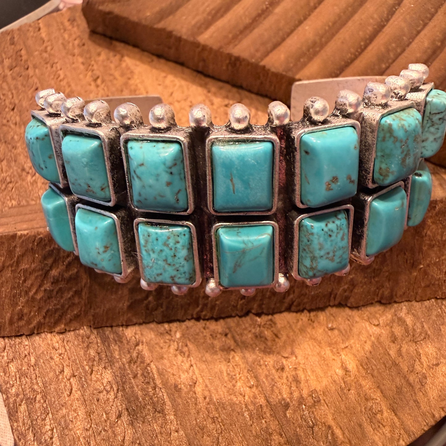 Navajo Style Double Row Turquoise Natural Stone Cuff Bracelet With Mixed Metals Silver Elegant