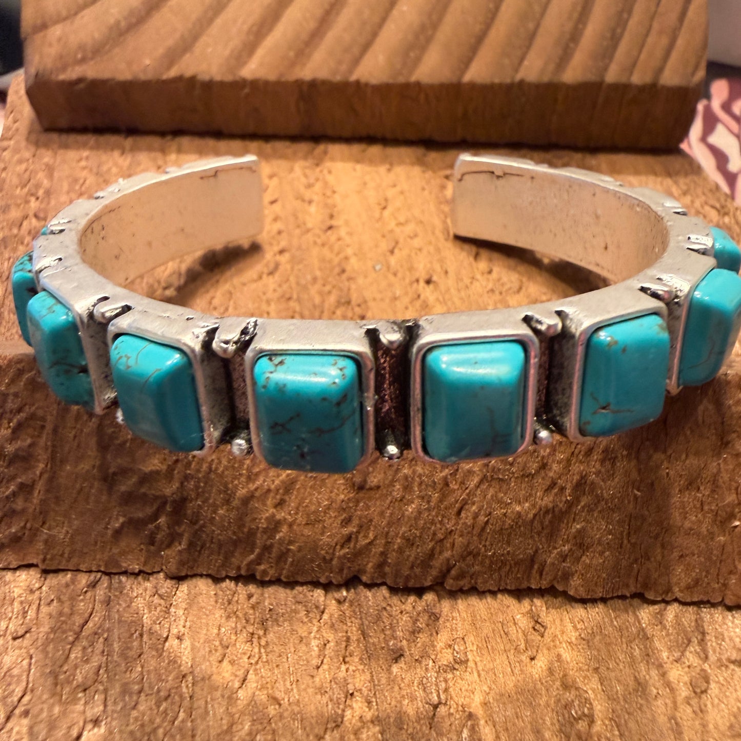 Southwestern Navajo Style Square Turquoise Stone Mixed Metals Bangle Bracelet Silver Elegant