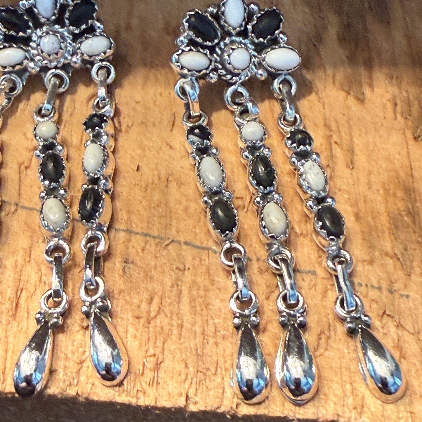 Handcrafted White Buffalo Dahlia Cluster Dangle Earrings Sterling Silver Wild West Boho