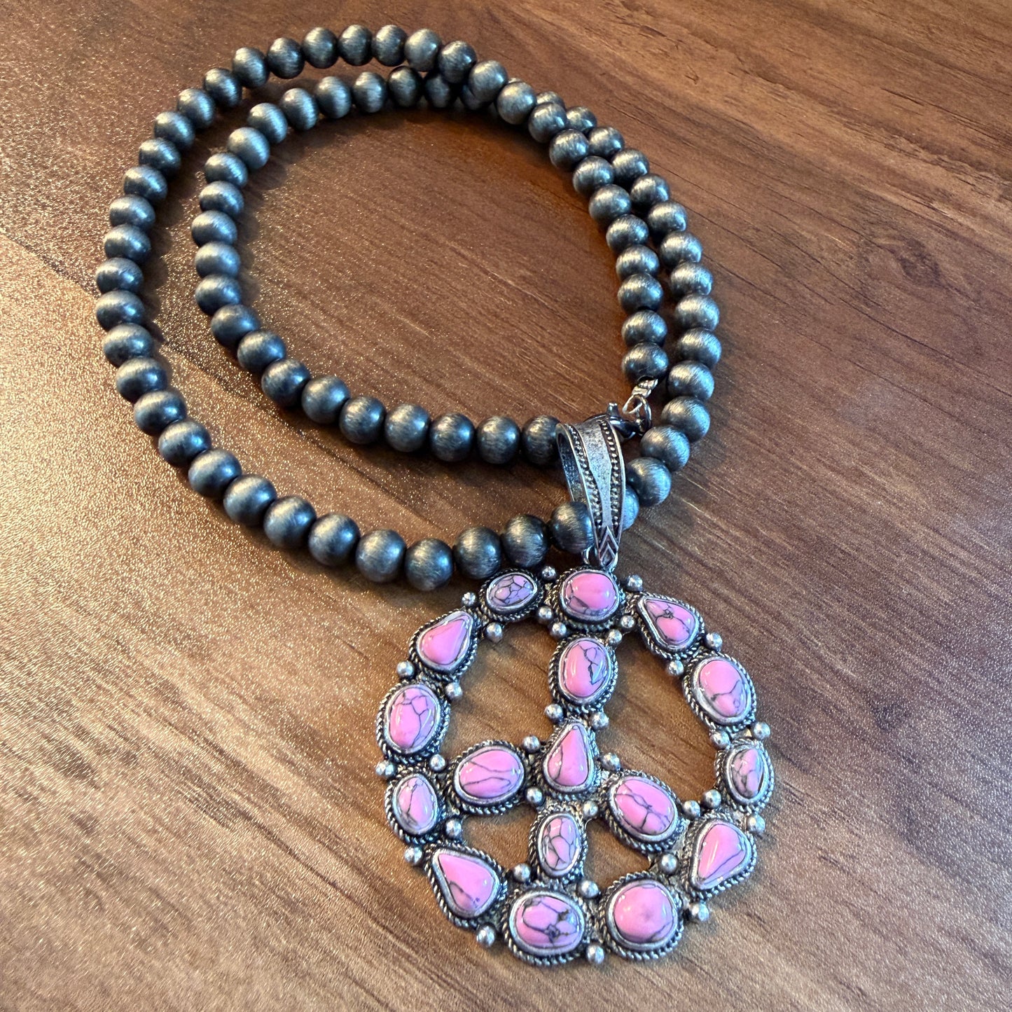 Handcrafted Hippie Hot Pink Peace Sign Pendant Silver 8mm Pearl Necklace , 23 Inch Wild West Boho