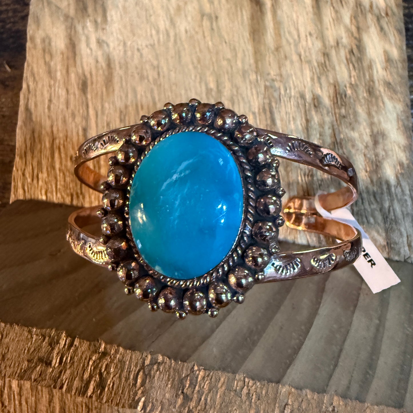 Kingman Turquoise Genuine Copper Cuff Flex Bracelet One Inch Stone Adjustable Wild West Boho