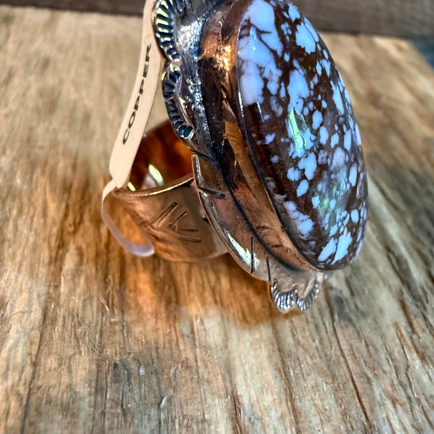 Wild Horse Gemstone Adjustable Copper Ring With One and a Half Inch Stone Wild West Boho