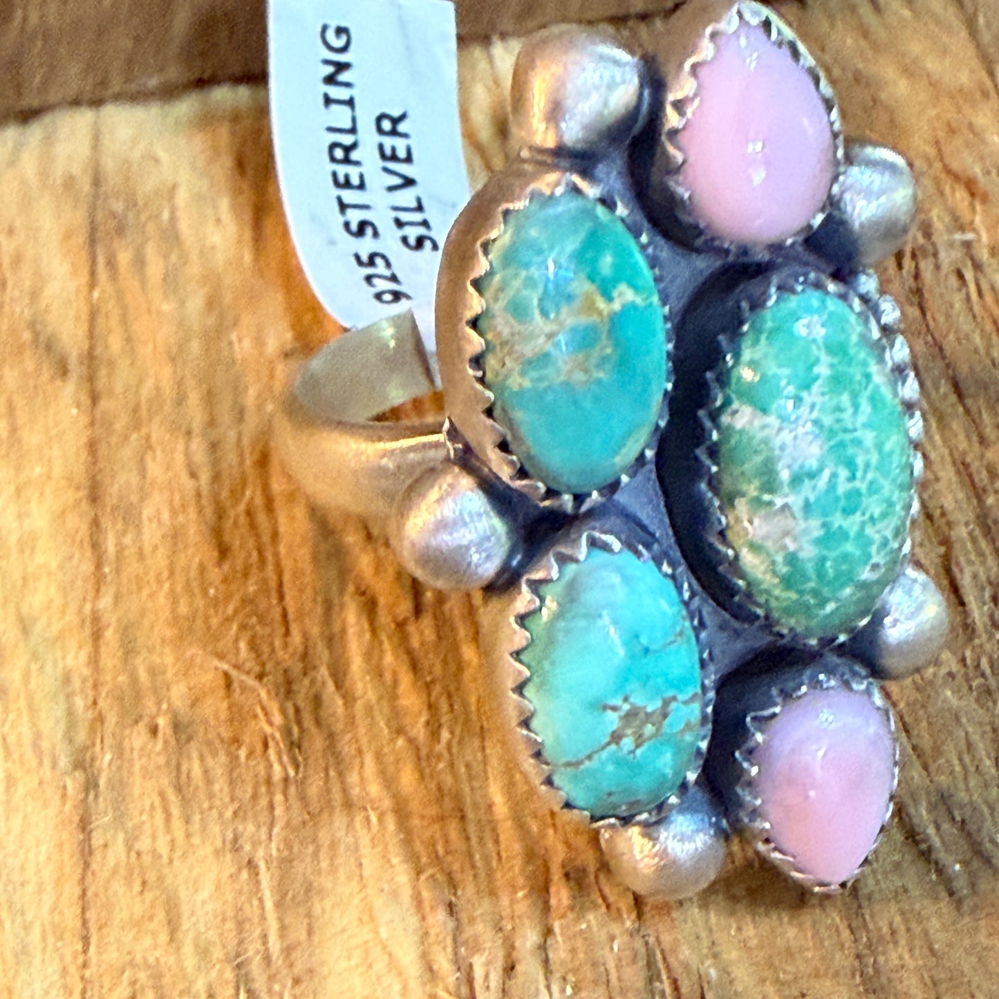 Pink Conch And Emerald Valley Five Gemstone Cluster Ring Sterling Silver Wild West Boho