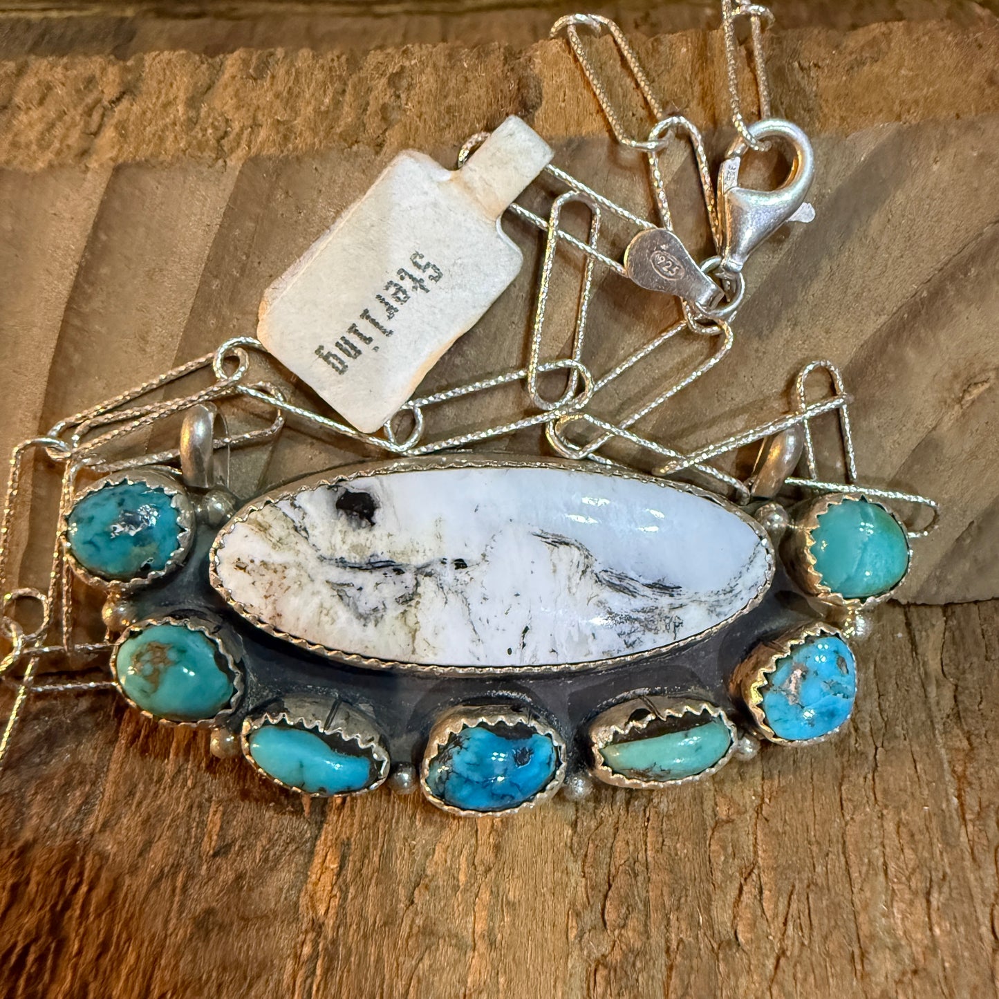 Artist Signed Rosanne Sam Kingman Turquoise White Buffalo Choker 14 Inch Chain Wild West Boho