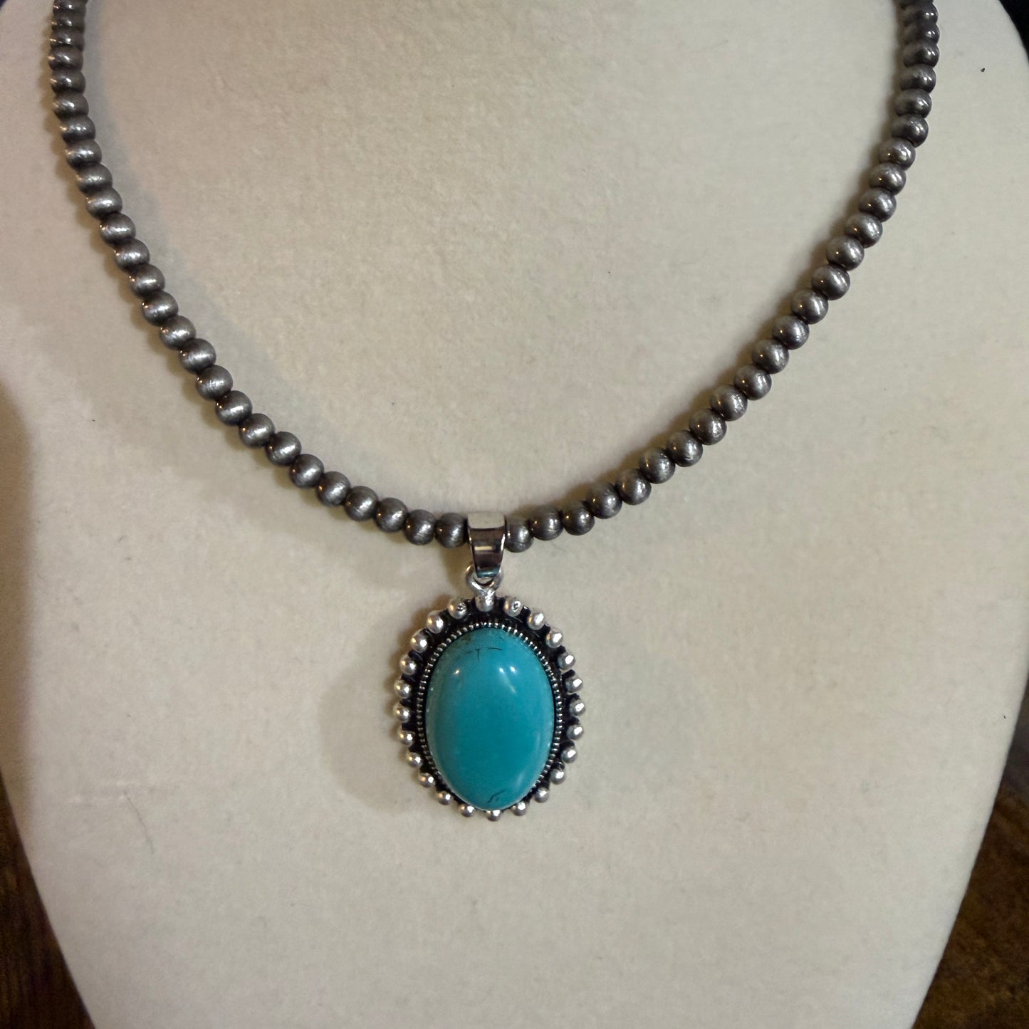 Navajo Style Turquoise Pendant Necklace 4mm Bead Silver Tone Chain Wild West Boho