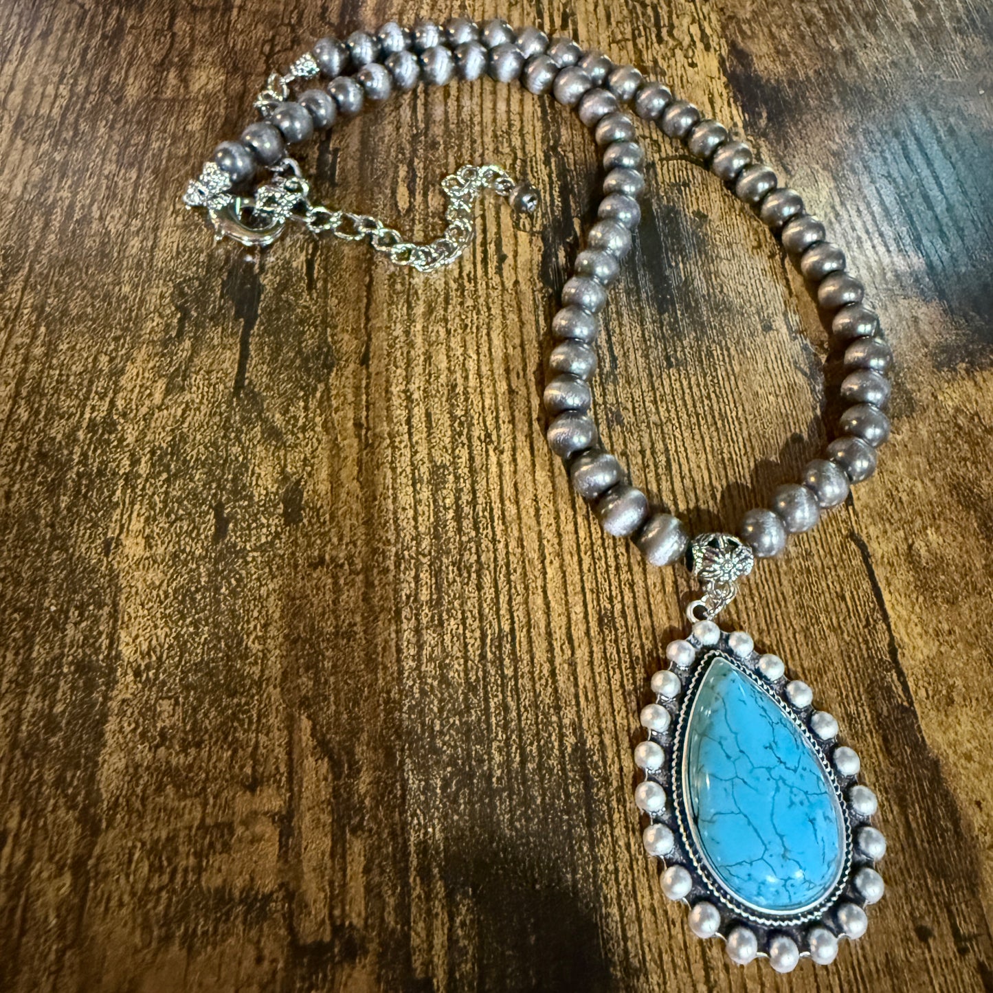 Handmade Western Turquoise Necklace 8mm Pearl Beads With 16 To 21 Inch Extender Wild West Boho