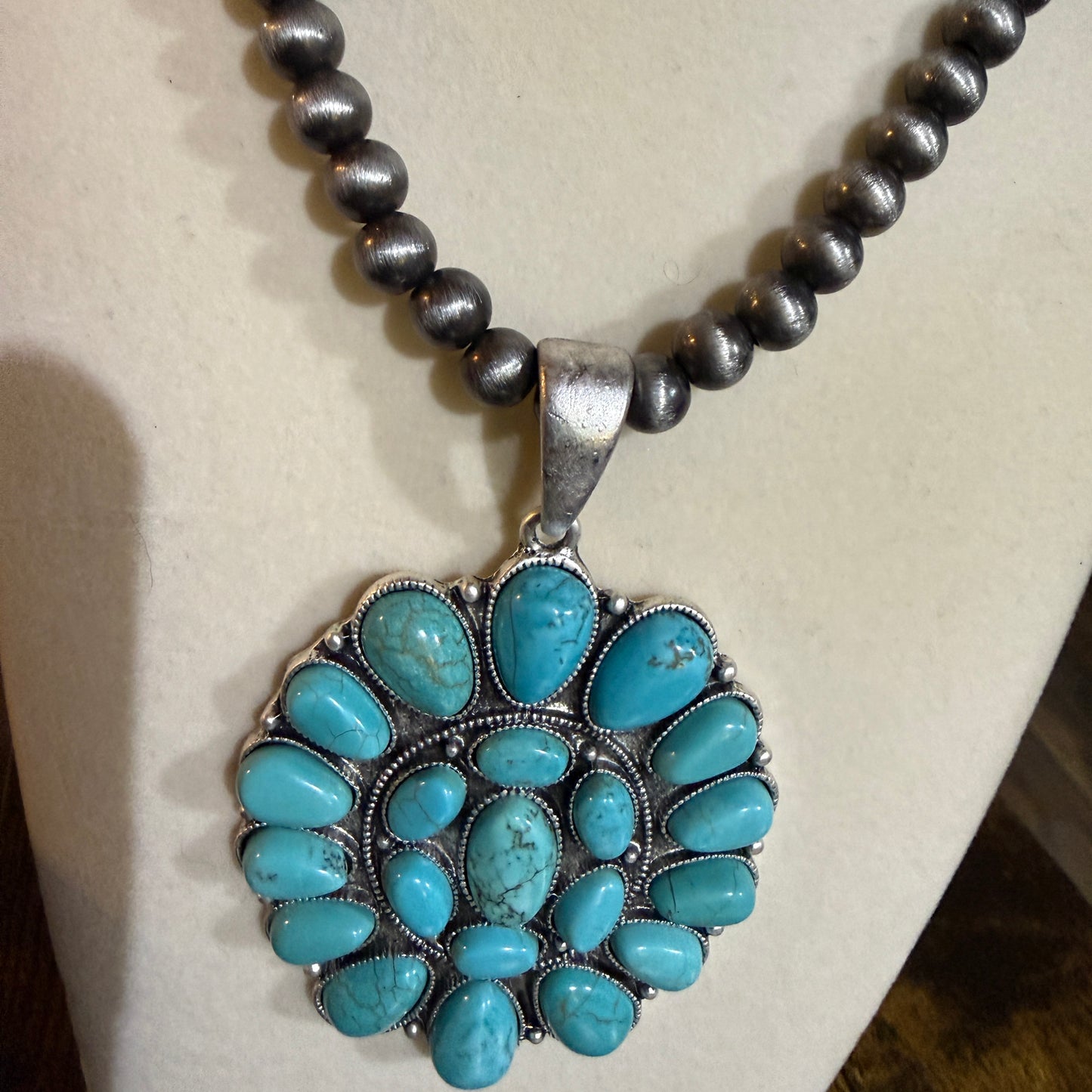 Navajo Style Turquoise 4 Inch Cluster Pendant Necklace With Pearl Beads 16 Inch Chain Wild West Boho