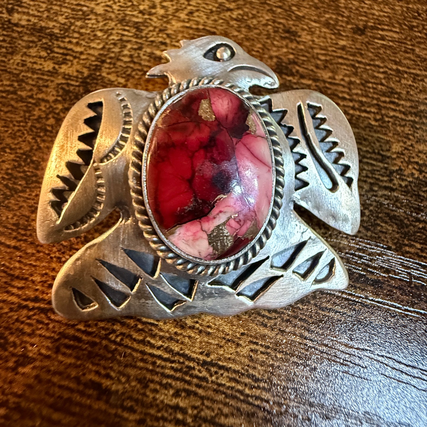 Navajo Style Thunderbird Pendant Sterling Silver Red Rose Dahlia Wild West Boho