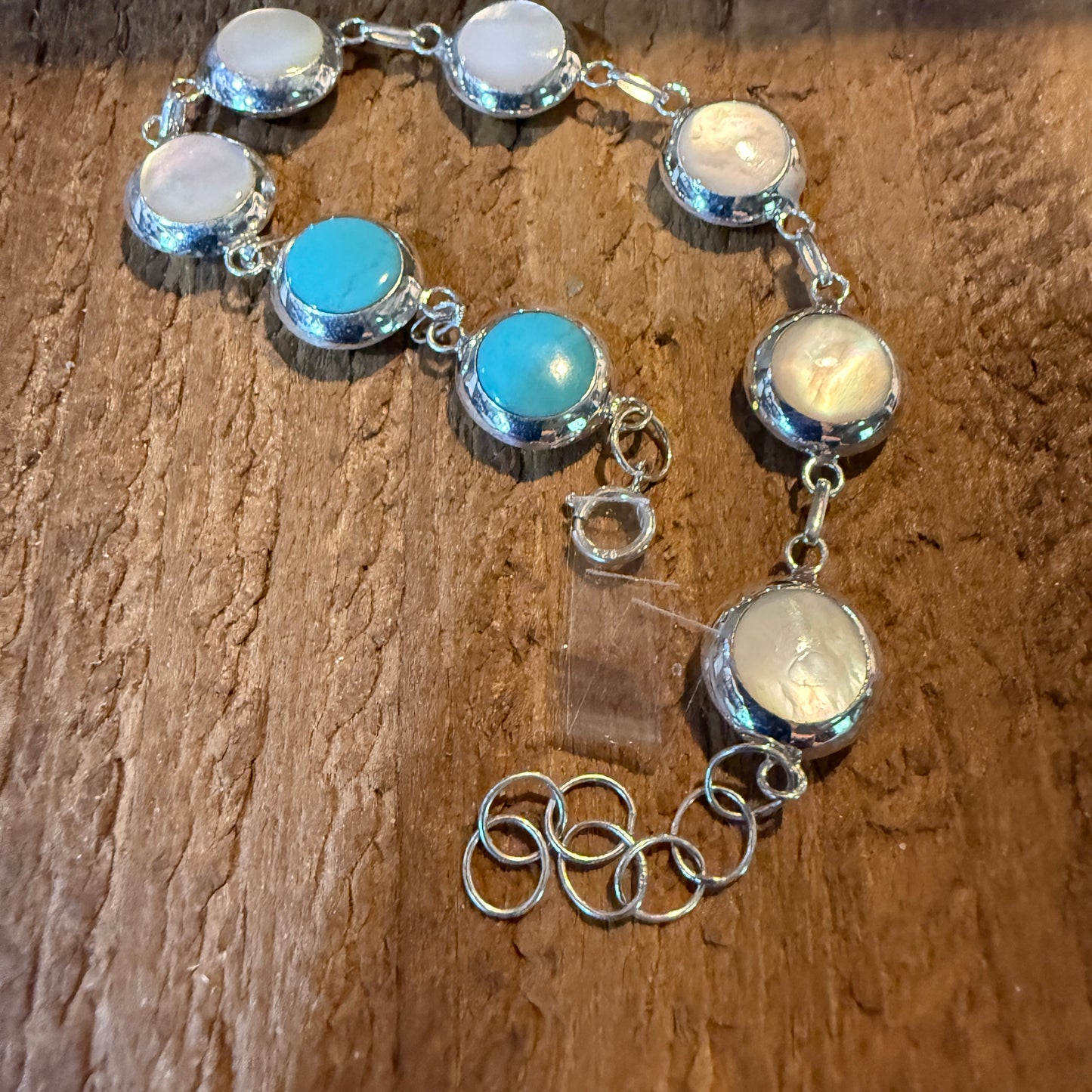 Kingman Turquoise And Mother Of Pearl Button Link Bracelet In Sterling Silver Wild West Boho