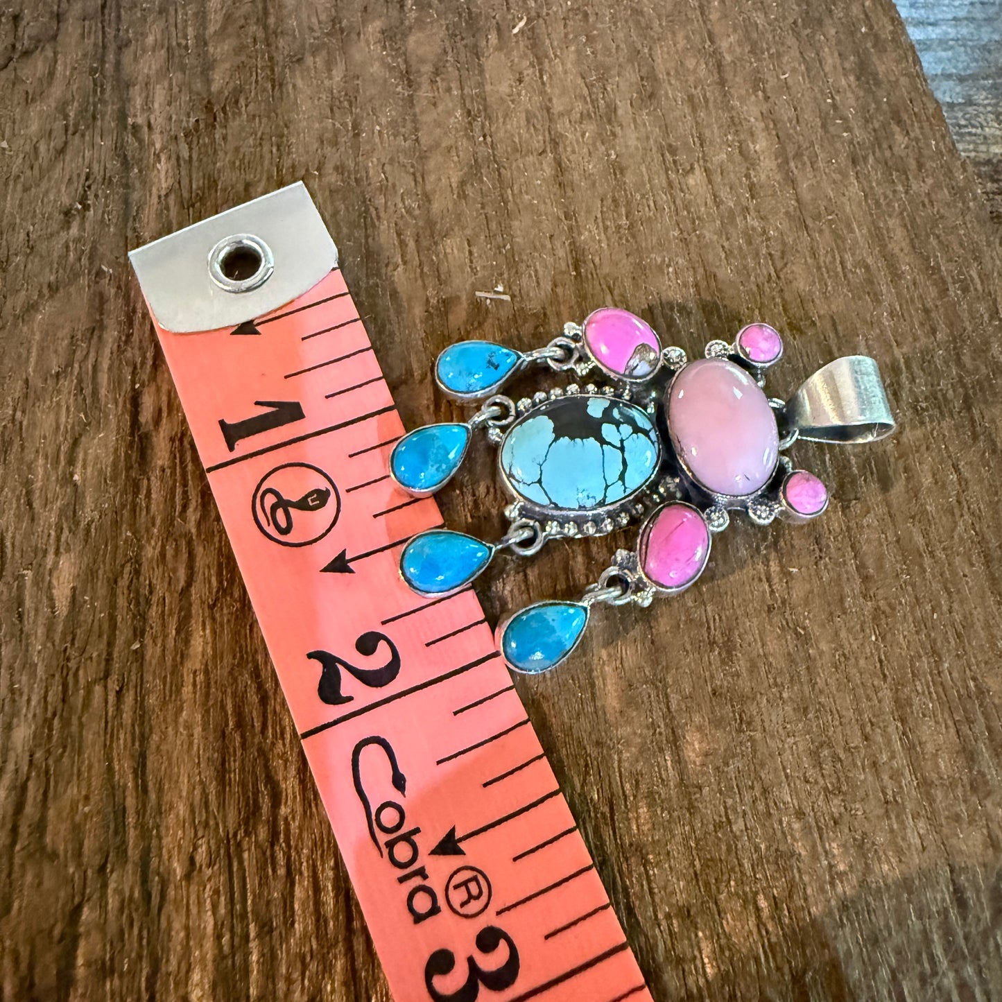 Cotton Candy Pink Conch and Kingman Turquoise Gemstone Cluster Pendant Wild West Boho