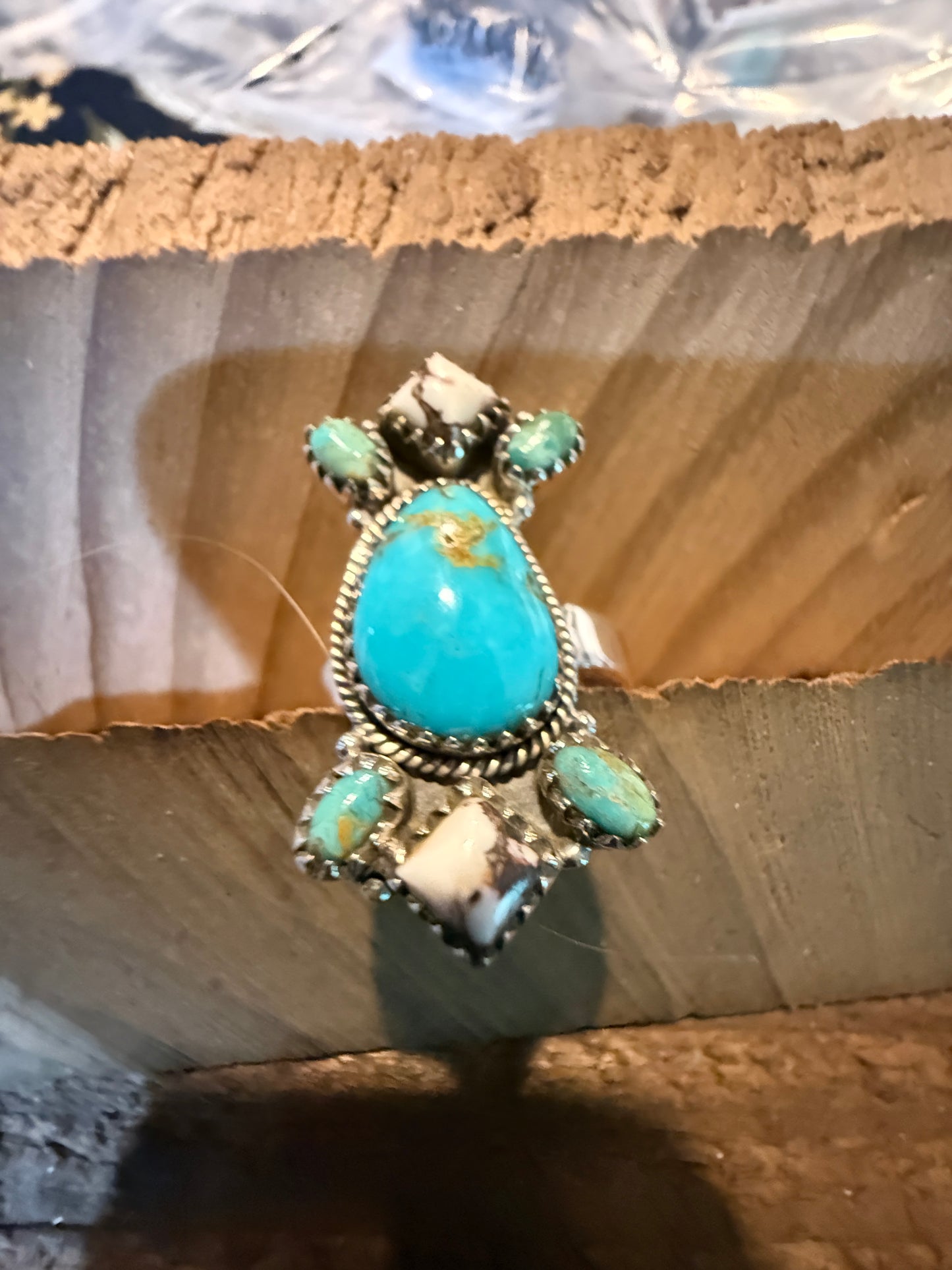 Mohave White Buffalo Turquoise Adjustable Statement Sterling Silver Ring Wild West Boho