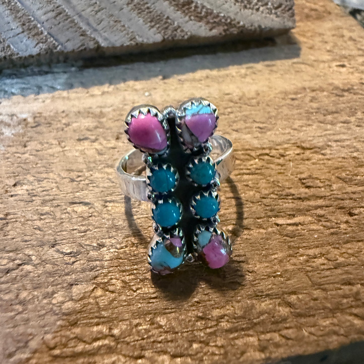 Cotton Candy White Buffalo Dahlia Turquoise Adjustable Ring Sterling Silver Wild West Boho