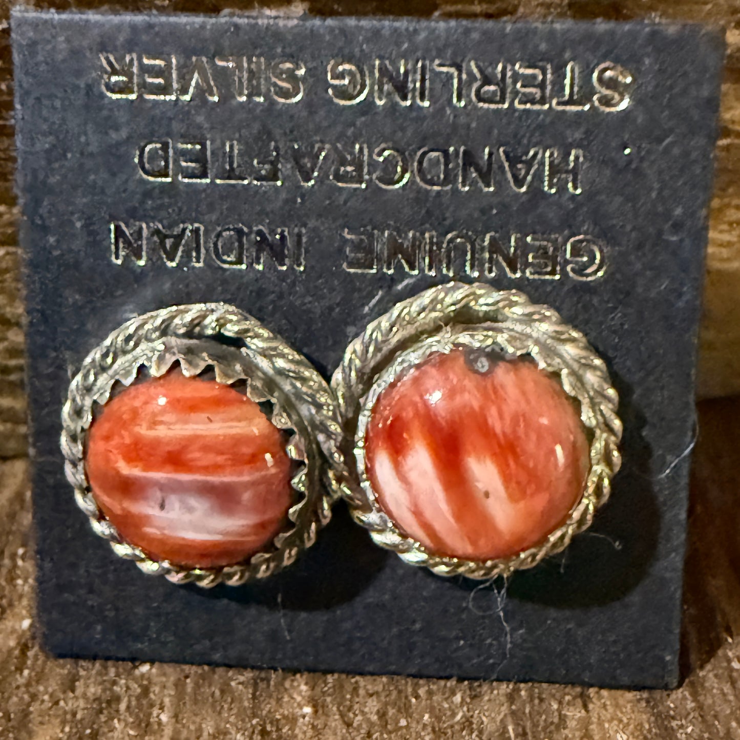 Navajo Handmade Spiny Oyster Gemstone Sterling Silver Signed Stud Earrings Wild West Boho