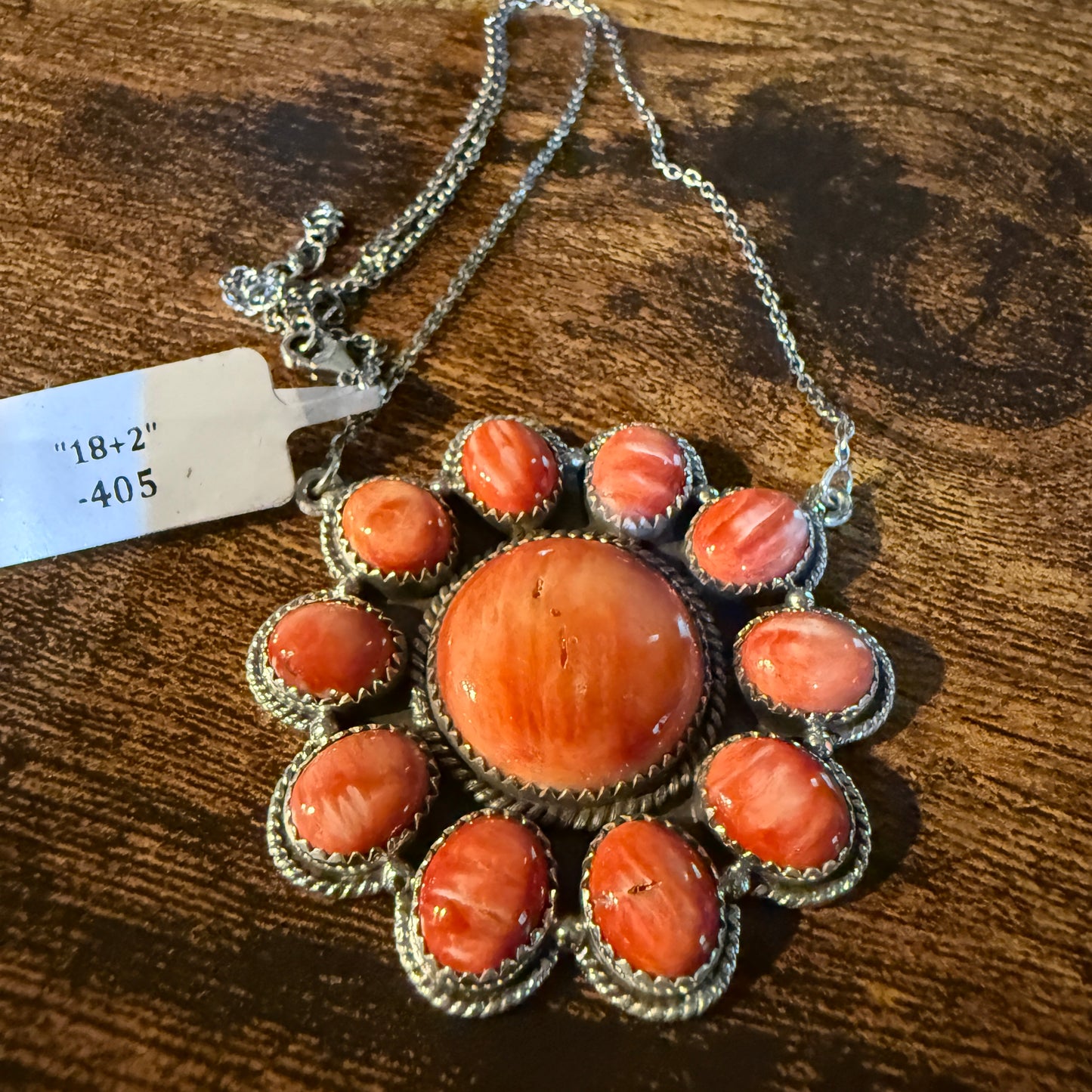 Orange Spiny Oyster Cluster Necklace in Sterling Silver with 18 Inch Chain Wild West Boho