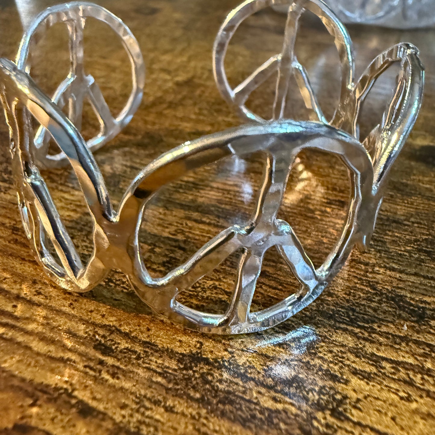 Woodstock Vibes Gold Peace Sign Hippie Bracelet Hammered Vintage Boho Cuff Wild West Boho