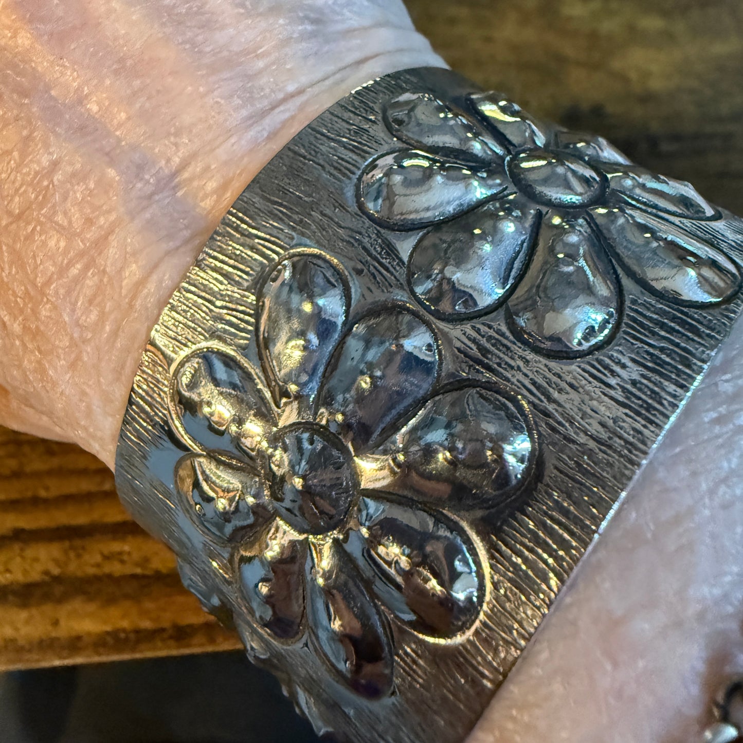 Southwest Flower Cuff Silver Bracelet Boho Wide Embossed Design Wild West Boho