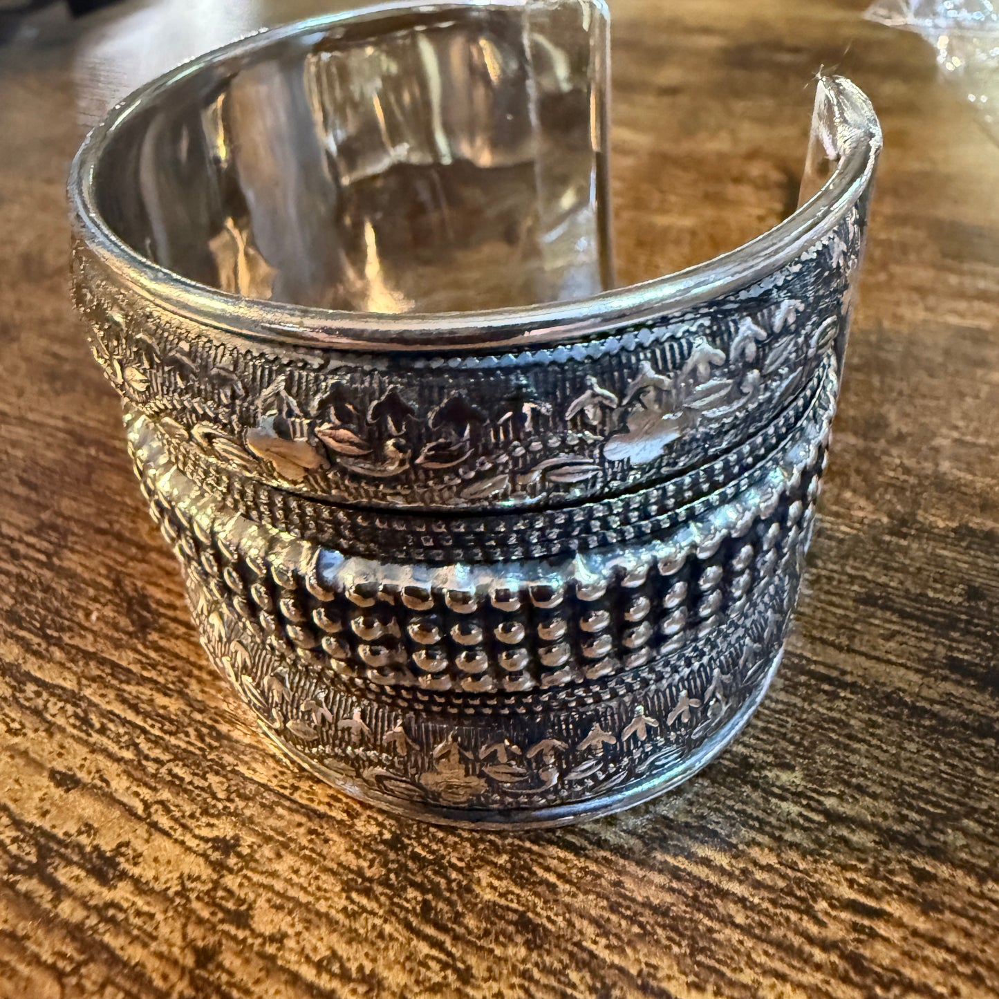 Handmade Silver Embossed Floral Cuff Bracelet Boho Gypsy Style Wild West Boho