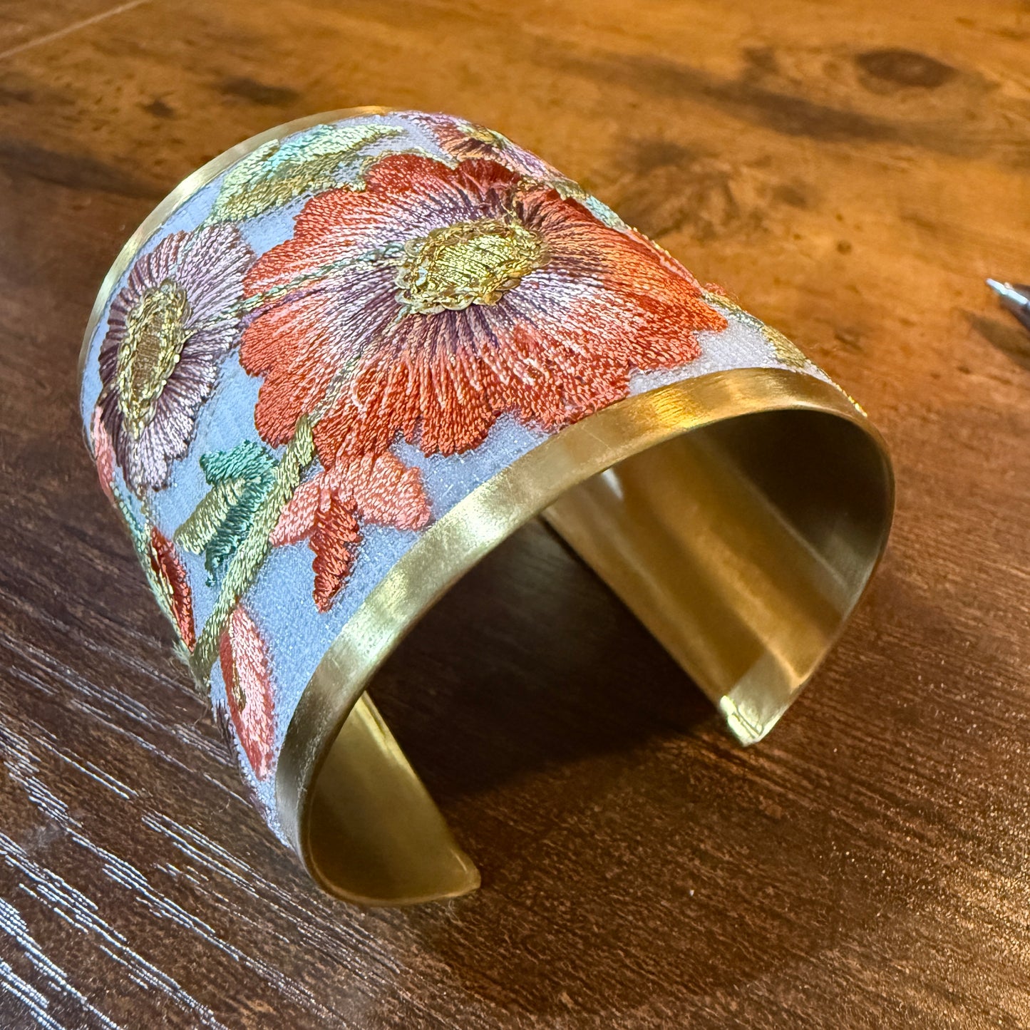 Autumn Bloom Handcrafted Embroidered Gold Cuff Flex Bracelet With Floral Embroidery Wild West Boho