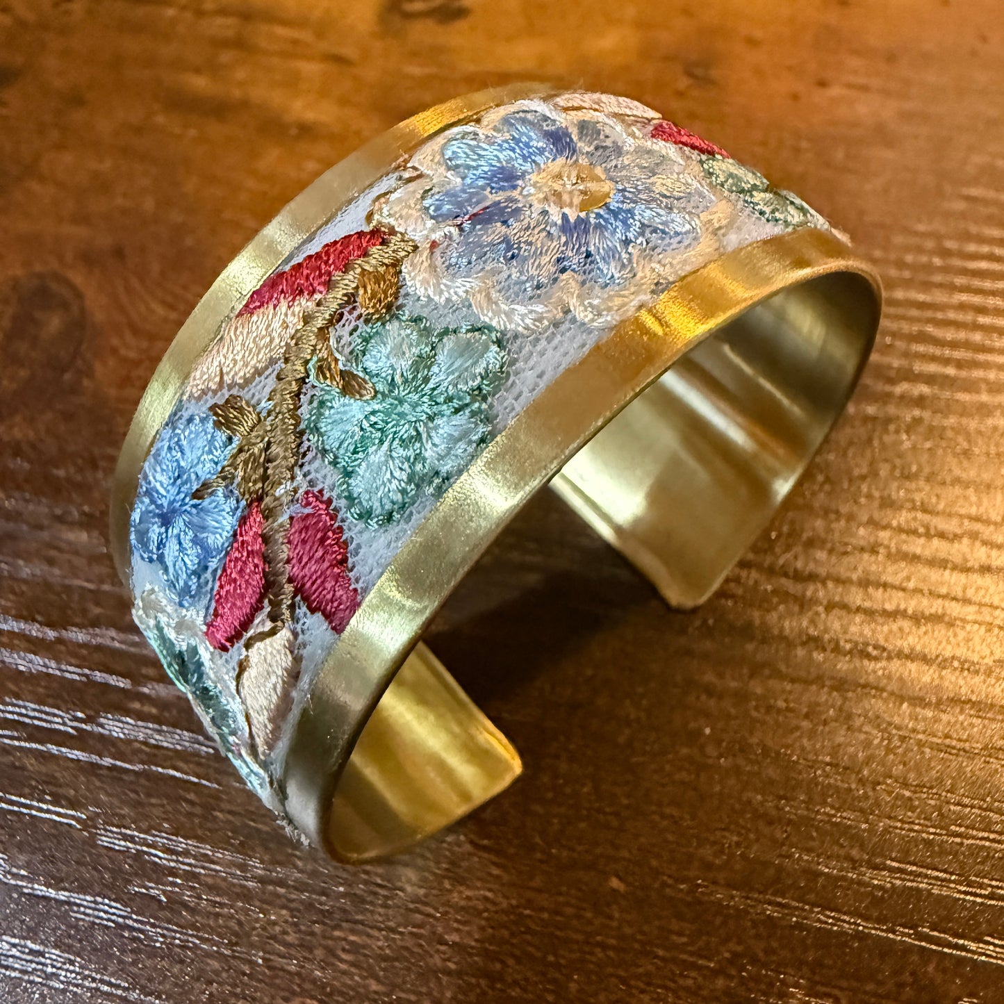 Pastel Blue And Mint Embroidered Fabric Cuff Bracelet Gold Edge Wild West Boho