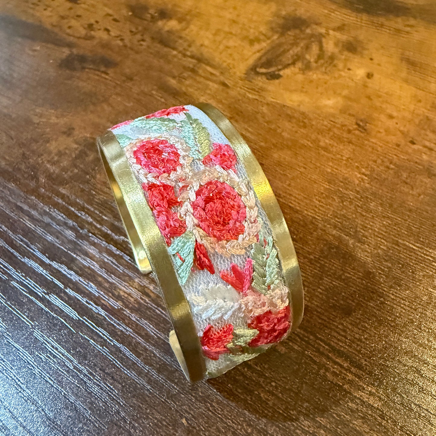 Cottage Craft Floral Embroidered Gold Cuff Bracelet Handmade In India Wild West Boho