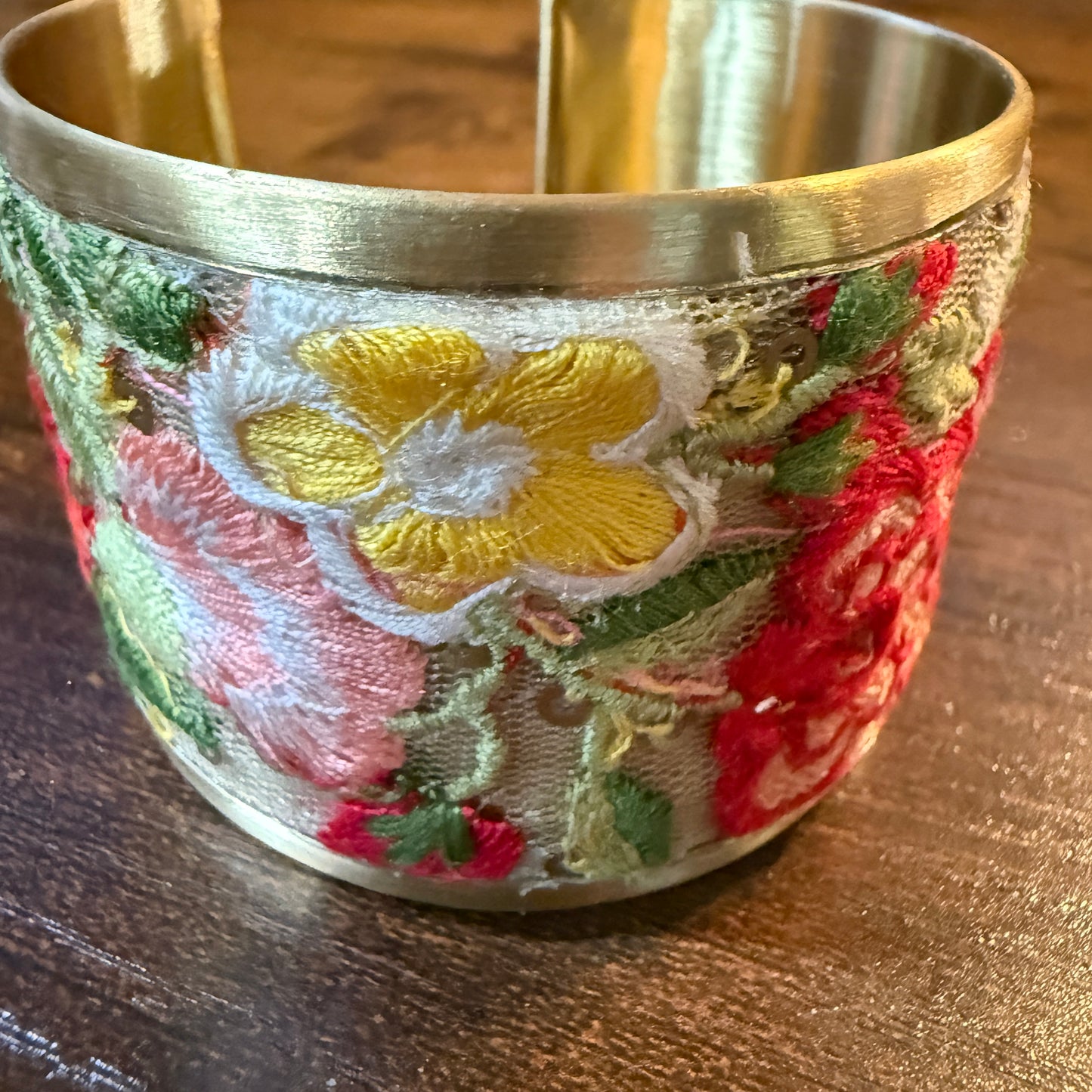 Spring Bloom Handcrafted Floral Embroidery Gold Tone Cuff Flex Bracelet Wild West Boho