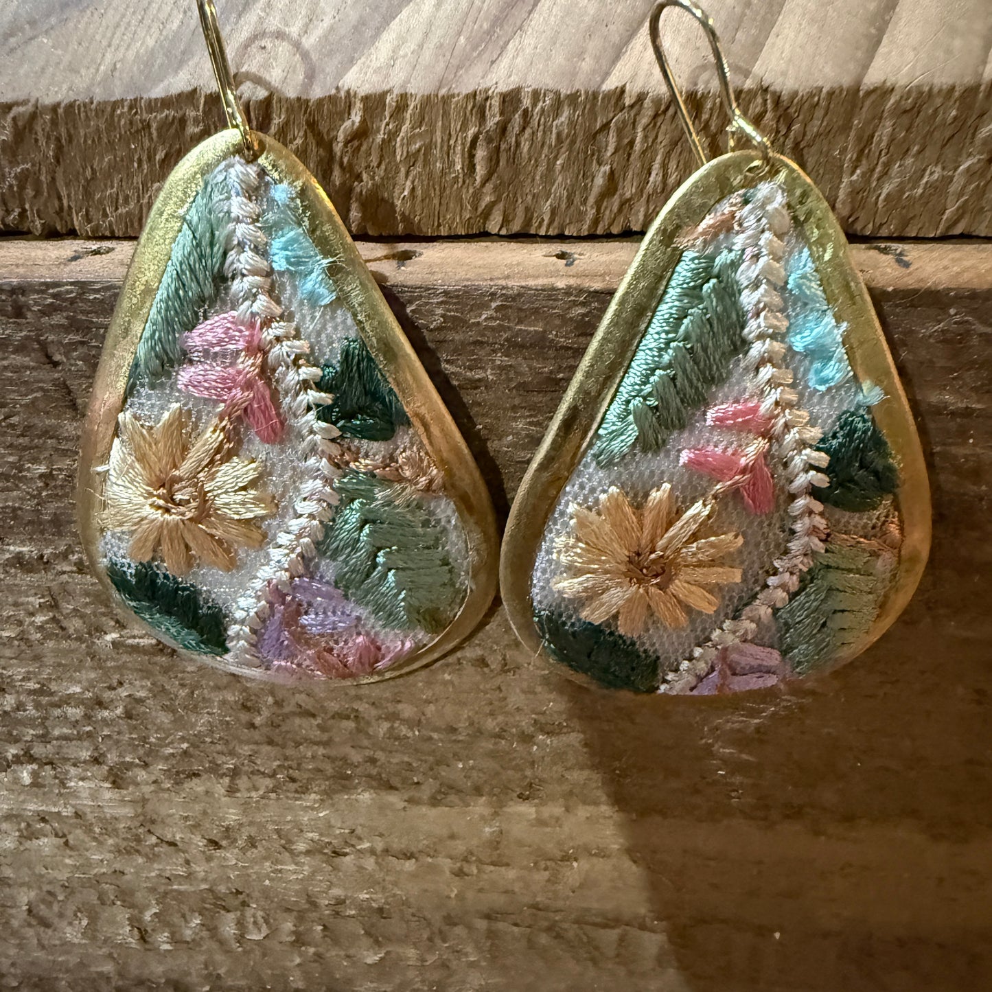 Pastel Floral Vintage Embroidered Teardrop Earrings In Gold Tone Wild West Boho
