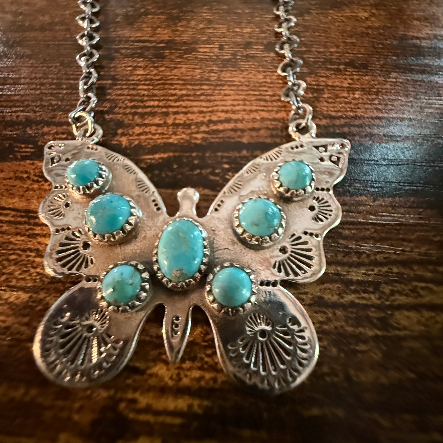 Navajo Kingman Turquoise Butterfly Necklace Sterling Silver 18 Inch Chain Wild West Boho