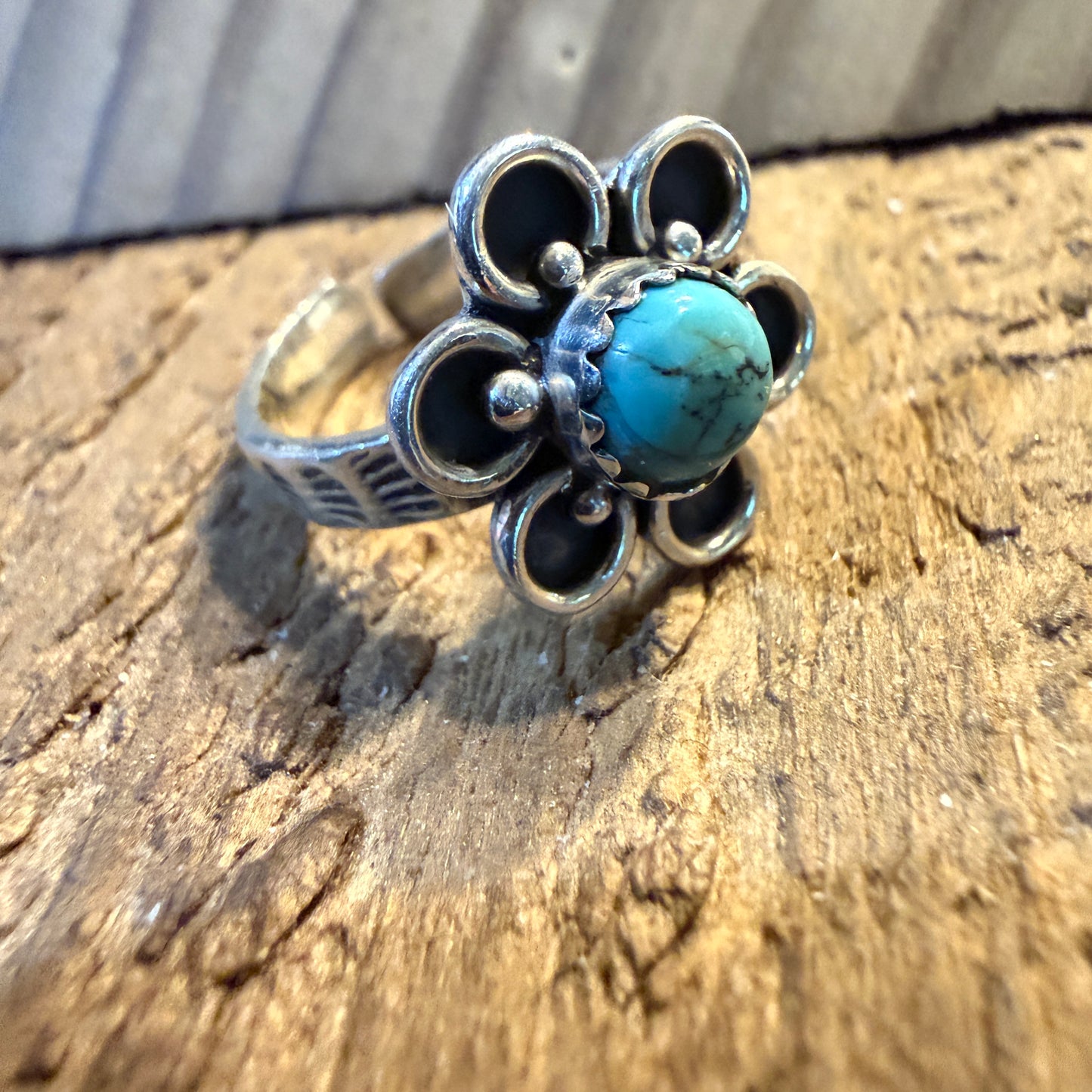 Kingman Turquoise Gemstone Floral Adjustable Ring, Sterling Silver Wild West Boho